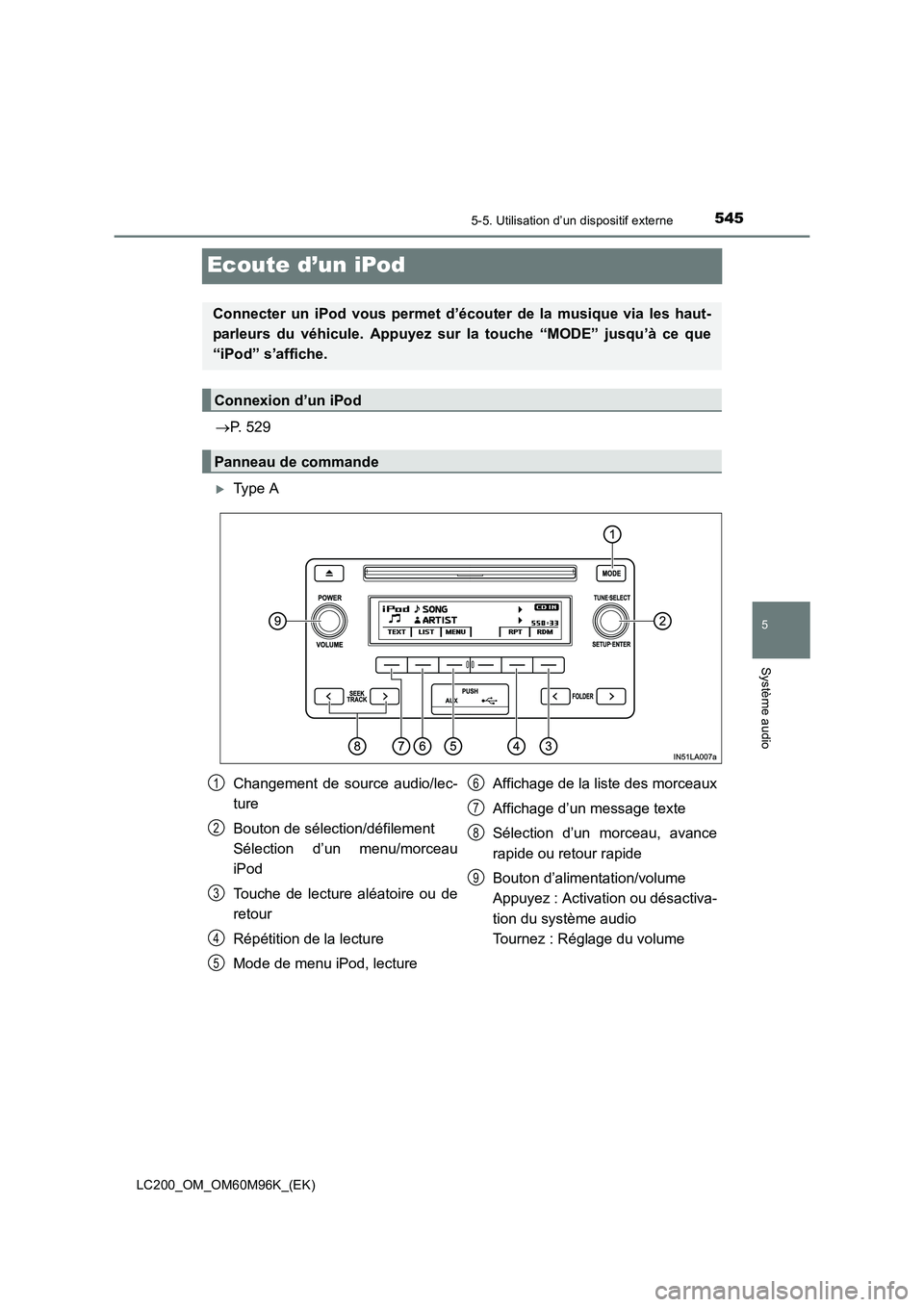TOYOTA LAND CRUISER 2016  Manuel du propriétaire (in French) 545
5
5-5. Utilisation d’un dispositif externe
Système audio
LC200_OM_OM60M96K_(EK)
Ecoute d’un iPod
→P. 529
�XType A
Connecter un iPod vous permet d’écout er de la musique via les haut-
par