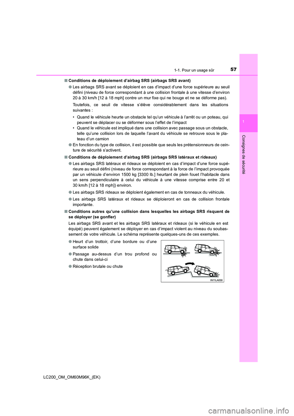 TOYOTA LAND CRUISER 2016 Manuel du propriétaire (in French) 571-1. Pour un usage sûr
1
LC200_OM_OM60M96K_(EK)
Consignes de sécurité
■Conditions de déploiement d’airbag SRS (airbags SRS avant)
●Les airbags SRS avant se déploient en cas d’impact d TOYOTA LAND CRUISER 2016 Manuel du propriétaire (in French) 571-1. Pour un usage sûr
1
LC200_OM_OM60M96K_(EK)
Consignes de sécurité
■Conditions de déploiement d’airbag SRS (airbags SRS avant)
●Les airbags SRS avant se déploient en cas d’impact d