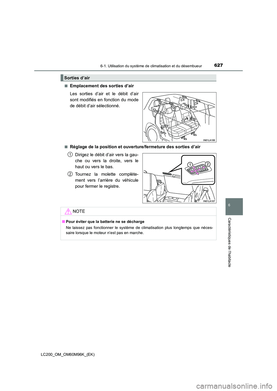 TOYOTA LAND CRUISER 2016  Manuel du propriétaire (in French) 6276-1. Utilisation du système de climatisation et du désembueur
LC200_OM_OM60M96K_(EK)
6
Caractéristiques de l’habitacle
■Emplacement des sorties d’air
Les sorties d’air et le débit d’a