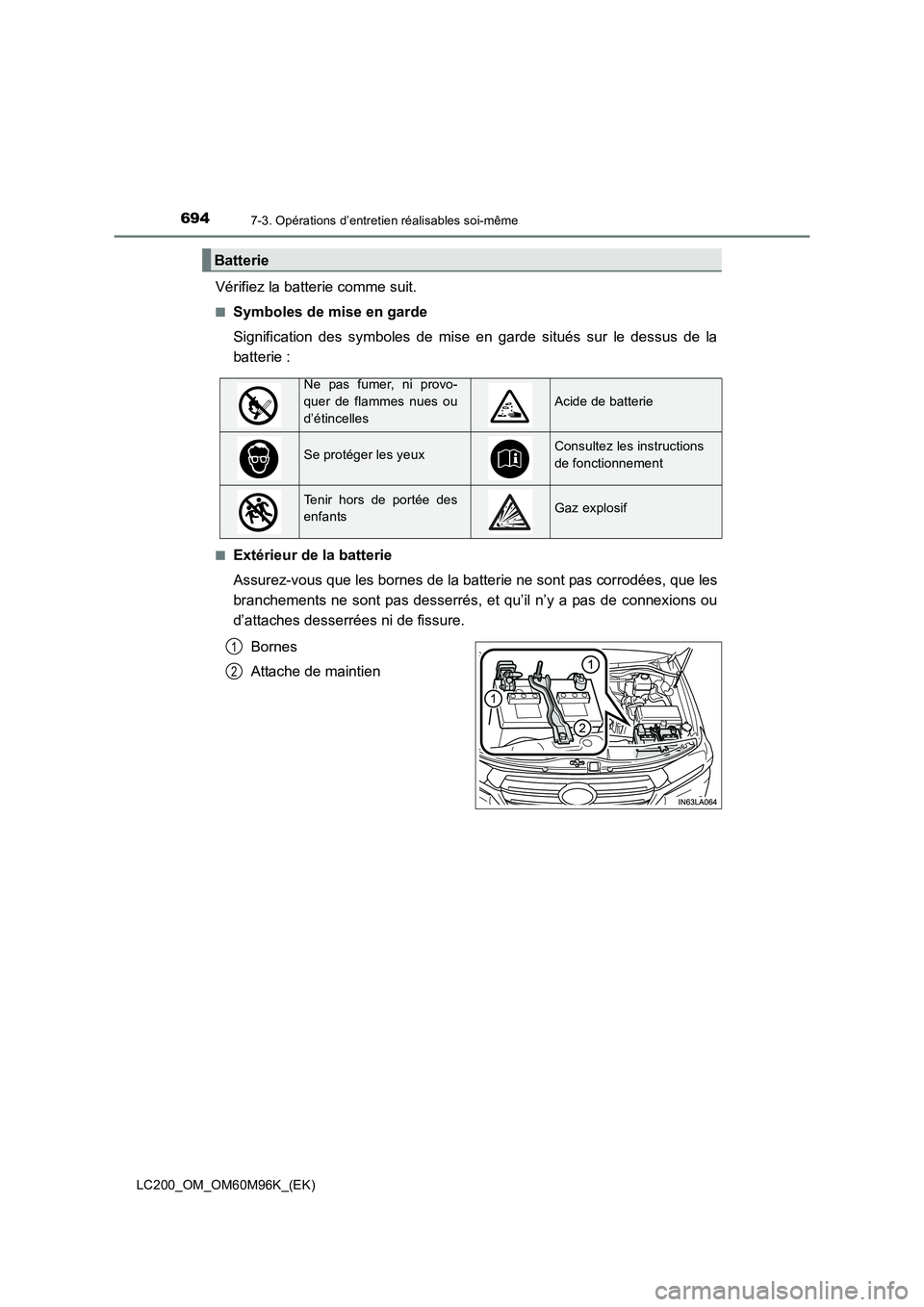 TOYOTA LAND CRUISER 2016  Manuel du propriétaire (in French) 6947-3. Opérations d’entretien réalisables soi-même
LC200_OM_OM60M96K_(EK)
Vérifiez la batterie comme suit.
■Symboles de mise en garde
Signification des symboles de mise en garde situés sur l