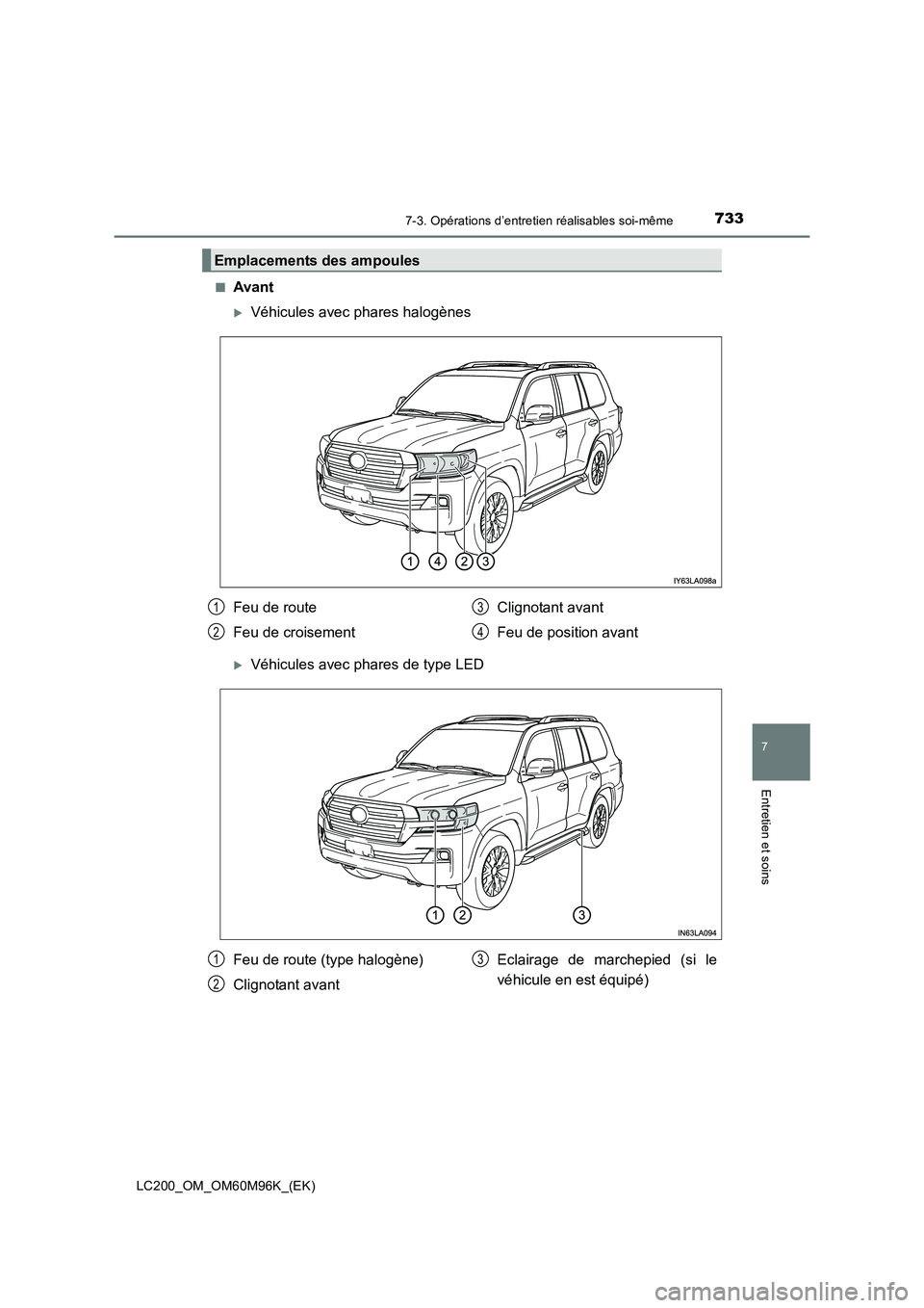 TOYOTA LAND CRUISER 2016  Manuel du propriétaire (in French) 7337-3. Opérations d’entretien réalisables soi-même
LC200_OM_OM60M96K_(EK)
7
Entretien et soins
■Avant
�XVéhicules avec phares halogènes
�XVéhicules avec phares de type LED
Emplacements des 