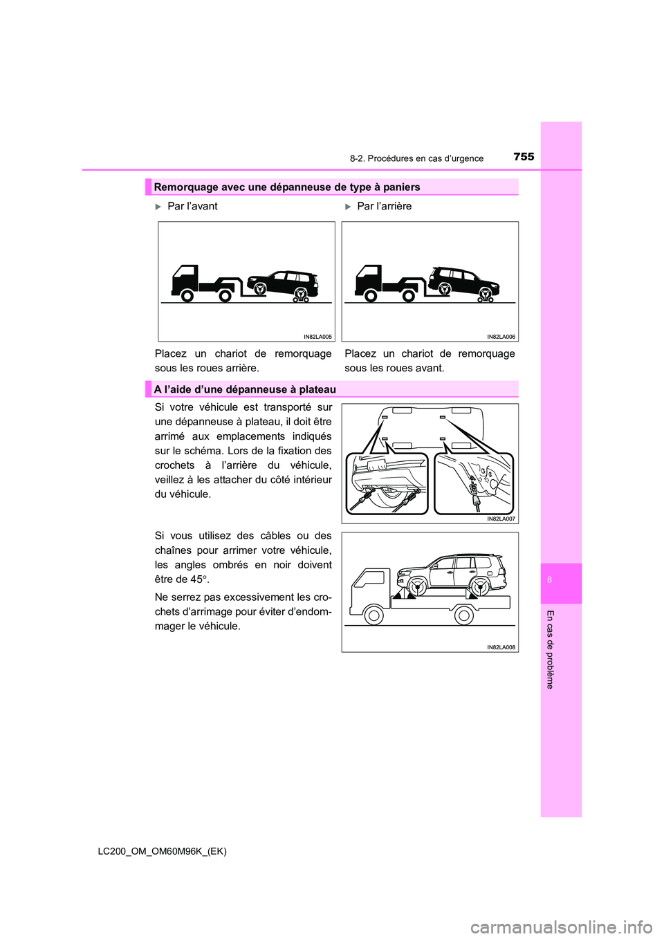 TOYOTA LAND CRUISER 2016  Manuel du propriétaire (in French) 7558-2. Procédures en cas d’urgence
LC200_OM_OM60M96K_(EK)
8
En cas de problème
Si votre véhicule est transporté sur
une dépanneuse à plateau, il doit être
arrimé aux emplacements indiqués
