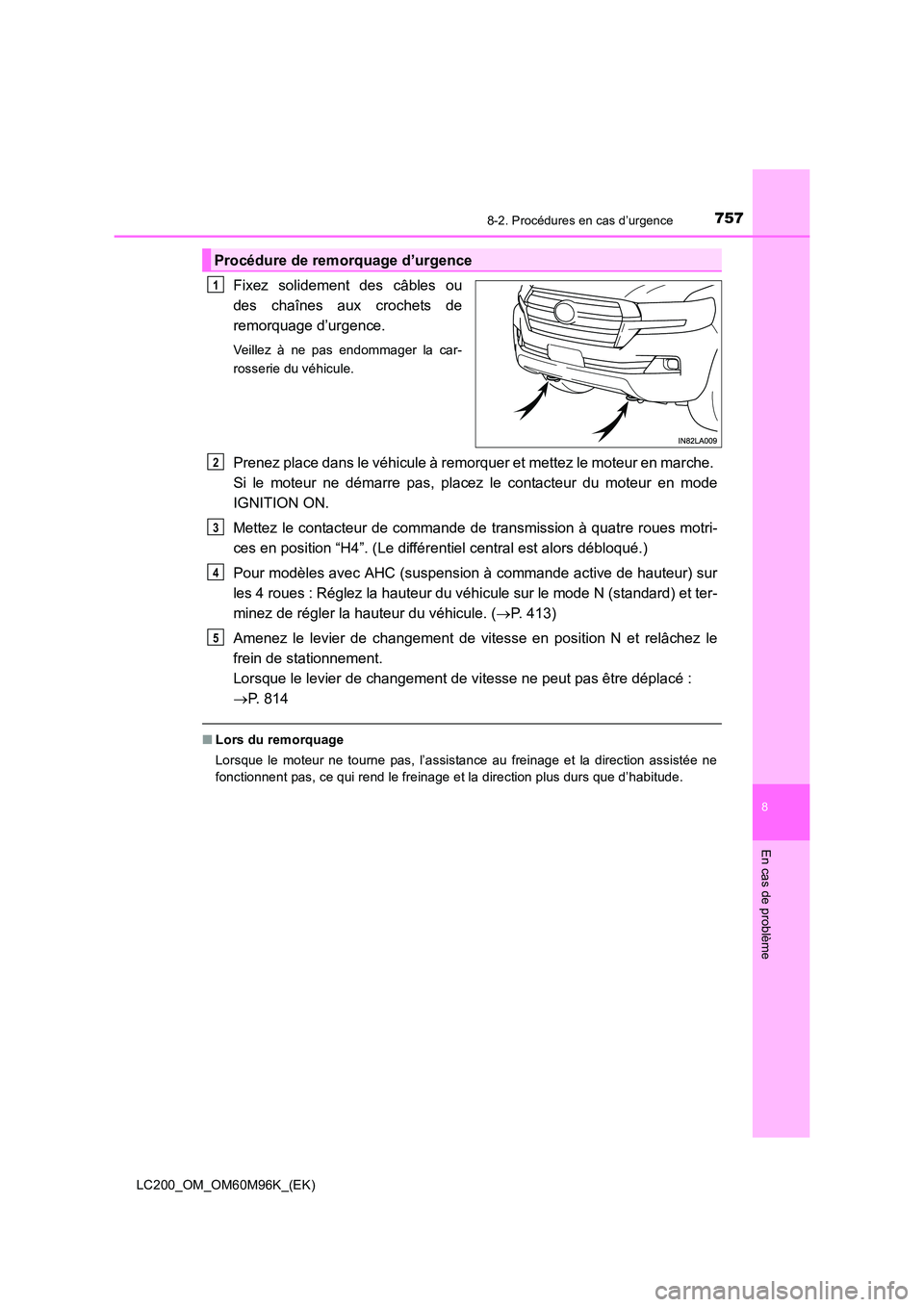 TOYOTA LAND CRUISER 2016 Manuel du propriétaire (in French) 7578-2. Procédures en cas d’urgence
LC200_OM_OM60M96K_(EK)
8
En cas de problème
Fixez solidement des câbles ou
des chaînes aux crochets de
remorquage d’urgence.
Veillez à ne pas endommager la TOYOTA LAND CRUISER 2016 Manuel du propriétaire (in French) 7578-2. Procédures en cas d’urgence
LC200_OM_OM60M96K_(EK)
8
En cas de problème
Fixez solidement des câbles ou
des chaînes aux crochets de
remorquage d’urgence.
Veillez à ne pas endommager la