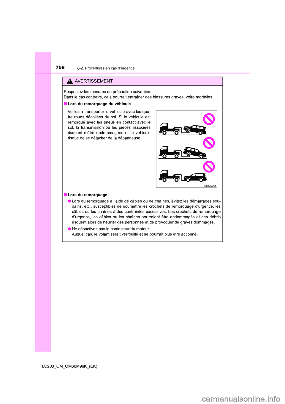 TOYOTA LAND CRUISER 2016 Manuel du propriétaire (in French) 7588-2. Procédures en cas d’urgence
LC200_OM_OM60M96K_(EK)
AVERTISSEMENT
Respectez les mesures de précaution suivantes.
Dans le cas contraire, cela pourrait entraîner des blessures graves, voire TOYOTA LAND CRUISER 2016 Manuel du propriétaire (in French) 7588-2. Procédures en cas d’urgence
LC200_OM_OM60M96K_(EK)
AVERTISSEMENT
Respectez les mesures de précaution suivantes.
Dans le cas contraire, cela pourrait entraîner des blessures graves, voire