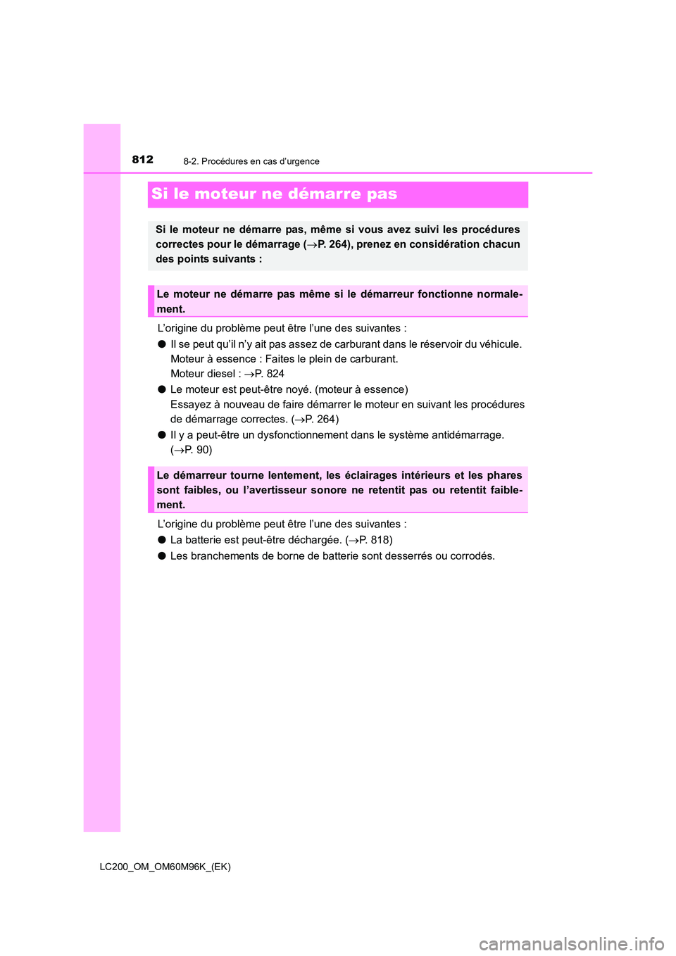 TOYOTA LAND CRUISER 2016 Manuel du propriétaire (in French) 8128-2. Procédures en cas d’urgence
LC200_OM_OM60M96K_(EK)
Si le moteur ne démarre pas
L’origine du problème peut être l’une des suivantes :
●Il se peut qu’il n’y ait pas assez de carb TOYOTA LAND CRUISER 2016 Manuel du propriétaire (in French) 8128-2. Procédures en cas d’urgence
LC200_OM_OM60M96K_(EK)
Si le moteur ne démarre pas
L’origine du problème peut être l’une des suivantes :
●Il se peut qu’il n’y ait pas assez de carb