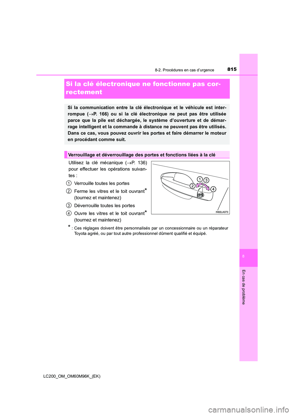TOYOTA LAND CRUISER 2016 Manuel du propriétaire (in French) 8158-2. Procédures en cas d’urgence
LC200_OM_OM60M96K_(EK)
8
En cas de problème
Si la clé électronique ne fonctionne pas cor-
rectement
Utilisez la clé mécanique (→P. 136)
pour effectuer les TOYOTA LAND CRUISER 2016 Manuel du propriétaire (in French) 8158-2. Procédures en cas d’urgence
LC200_OM_OM60M96K_(EK)
8
En cas de problème
Si la clé électronique ne fonctionne pas cor-
rectement
Utilisez la clé mécanique (→P. 136)
pour effectuer les
