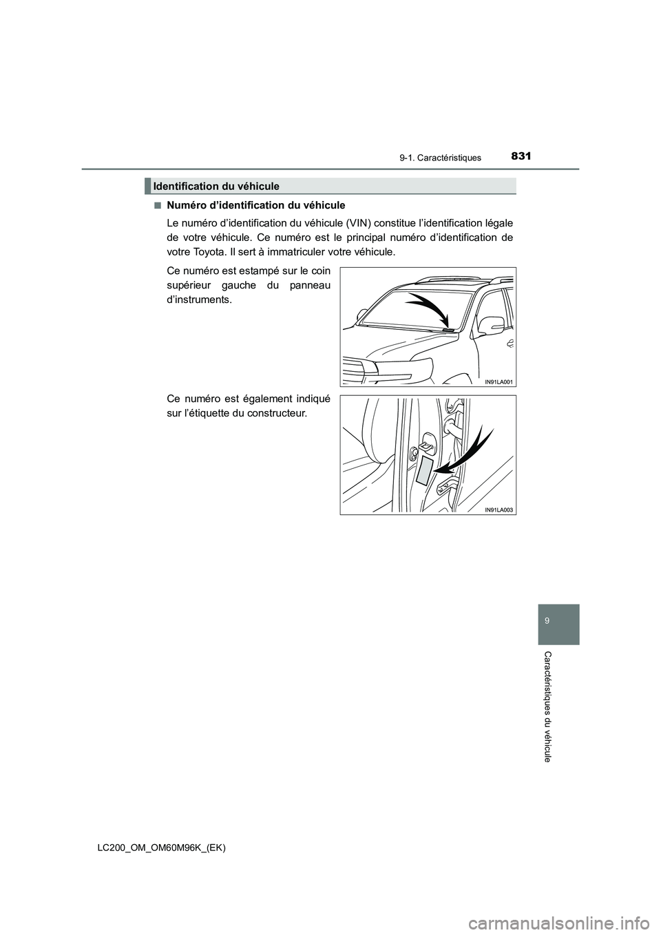 TOYOTA LAND CRUISER 2016  Manuel du propriétaire (in French) 8319-1. Caractéristiques
LC200_OM_OM60M96K_(EK)
9
Caractéristiques du véhicule
■Numéro d’identification du véhicule
Le numéro d’identification du véhicule (VIN) constitue l’identificati