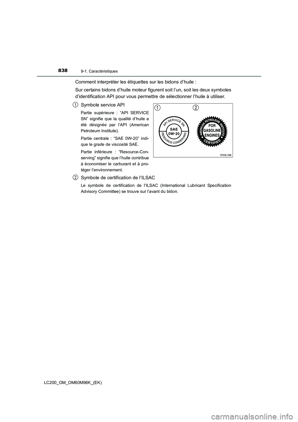 TOYOTA LAND CRUISER 2016  Manuel du propriétaire (in French) 8389-1. Caractéristiques
LC200_OM_OM60M96K_(EK)
Comment interpréter les étiquettes sur les bidons d’huile :
Sur certains bidons d’huile moteur figurent soit l’un, soit les deux symboles
d’i