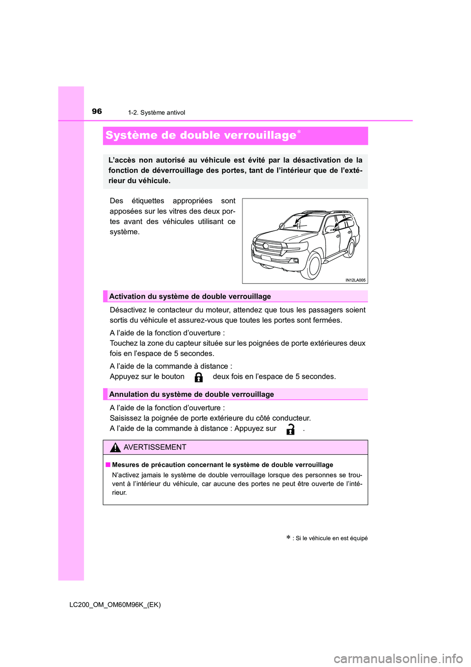 TOYOTA LAND CRUISER 2016 Manuel du propriétaire (in French) 961-2. Système antivol
LC200_OM_OM60M96K_(EK)
Système de double verrouillage∗
Des étiquettes appropriées sont
apposées sur les vitres des deux por-
tes avant des véhicules utilisant ce
systèm TOYOTA LAND CRUISER 2016 Manuel du propriétaire (in French) 961-2. Système antivol
LC200_OM_OM60M96K_(EK)
Système de double verrouillage∗
Des étiquettes appropriées sont
apposées sur les vitres des deux por-
tes avant des véhicules utilisant ce
systèm