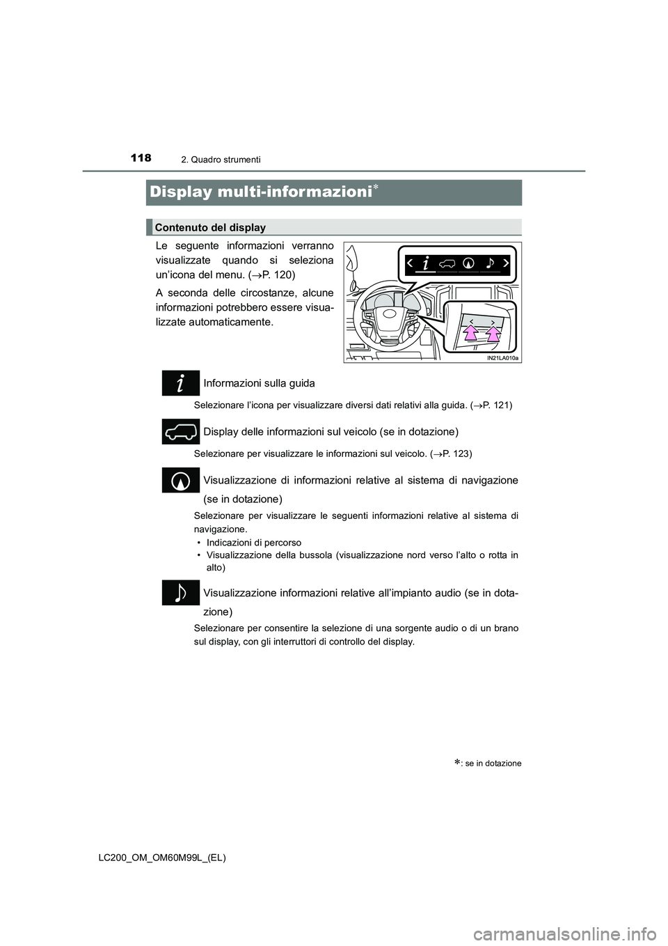 TOYOTA LAND CRUISER 2016 Manuale duso (in Italian) 1182. Quadro strumenti
LC200_OM_OM60M99L_(EL)
Display multi-infor mazioni∗
Le seguente informazioni verranno
visualizzate quando si seleziona
un’icona del menu. (→P. 120)
A seconda delle circost TOYOTA LAND CRUISER 2016 Manuale duso (in Italian) 1182. Quadro strumenti
LC200_OM_OM60M99L_(EL)
Display multi-infor mazioni∗
Le seguente informazioni verranno
visualizzate quando si seleziona
un’icona del menu. (→P. 120)
A seconda delle circost