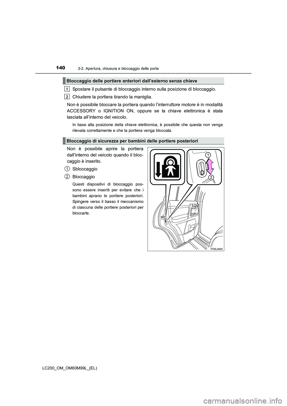 TOYOTA LAND CRUISER 2016  Manuale duso (in Italian) 1403-2. Apertura, chiusura e bloccaggio delle porte
LC200_OM_OM60M99L_(EL)
Spostare il pulsante di bloccaggio interno sulla posizione di bloccaggio.
Chiudere la portiera tirando la maniglia.
Non è po