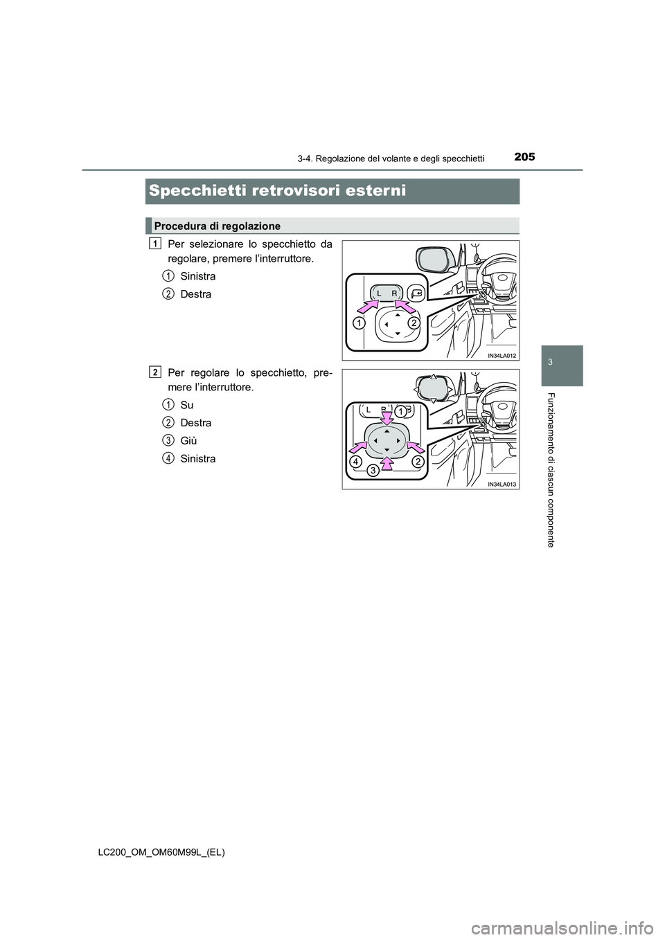 TOYOTA LAND CRUISER 2016  Manuale duso (in Italian) 205
3
3-4. Regolazione del volante e degli specchietti
Funzionamento di ciascun componente
LC200_OM_OM60M99L_(EL)
Specchietti retrovisori ester ni
Per selezionare lo specchietto da
regolare, premere l