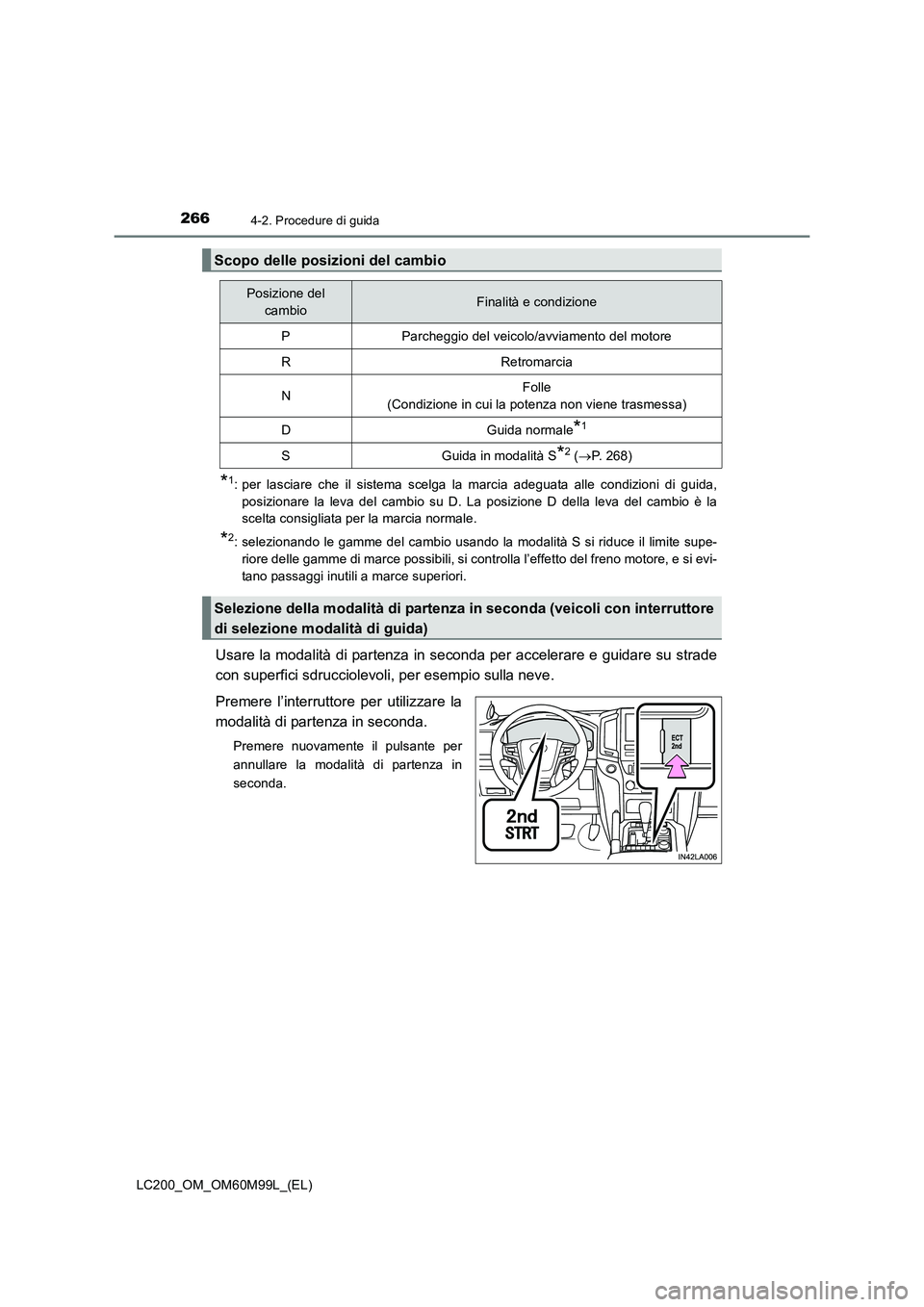 TOYOTA LAND CRUISER 2016 Manuale duso (in Italian) 2664-2. Procedure di guida
LC200_OM_OM60M99L_(EL)
*1: per lasciare che il sistema scelga la marcia adeguata alle condizioni di guida,posizionare la leva del cambio su D. La posizione D della leva del TOYOTA LAND CRUISER 2016 Manuale duso (in Italian) 2664-2. Procedure di guida
LC200_OM_OM60M99L_(EL)
*1: per lasciare che il sistema scelga la marcia adeguata alle condizioni di guida,posizionare la leva del cambio su D. La posizione D della leva del