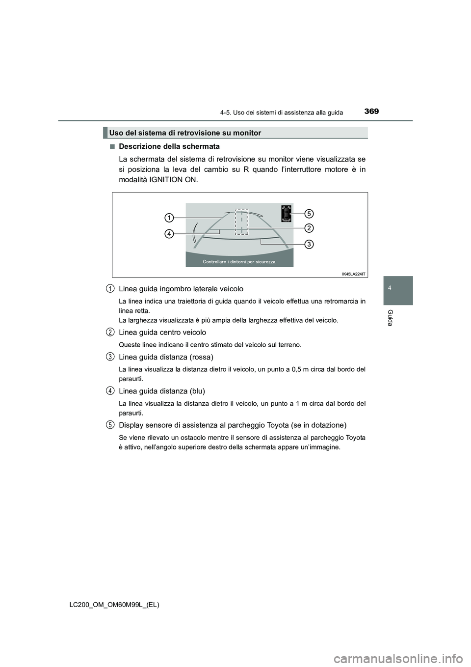 TOYOTA LAND CRUISER 2016 Manuale duso (in Italian) 3694-5. Uso dei sistemi di assistenza alla guida
4
Guida
LC200_OM_OM60M99L_(EL)■
Descrizione della schermata
La schermata del sistema di retrovisione su monitor viene visualizzata se
si posiziona la TOYOTA LAND CRUISER 2016 Manuale duso (in Italian) 3694-5. Uso dei sistemi di assistenza alla guida
4
Guida
LC200_OM_OM60M99L_(EL)■
Descrizione della schermata
La schermata del sistema di retrovisione su monitor viene visualizzata se
si posiziona la