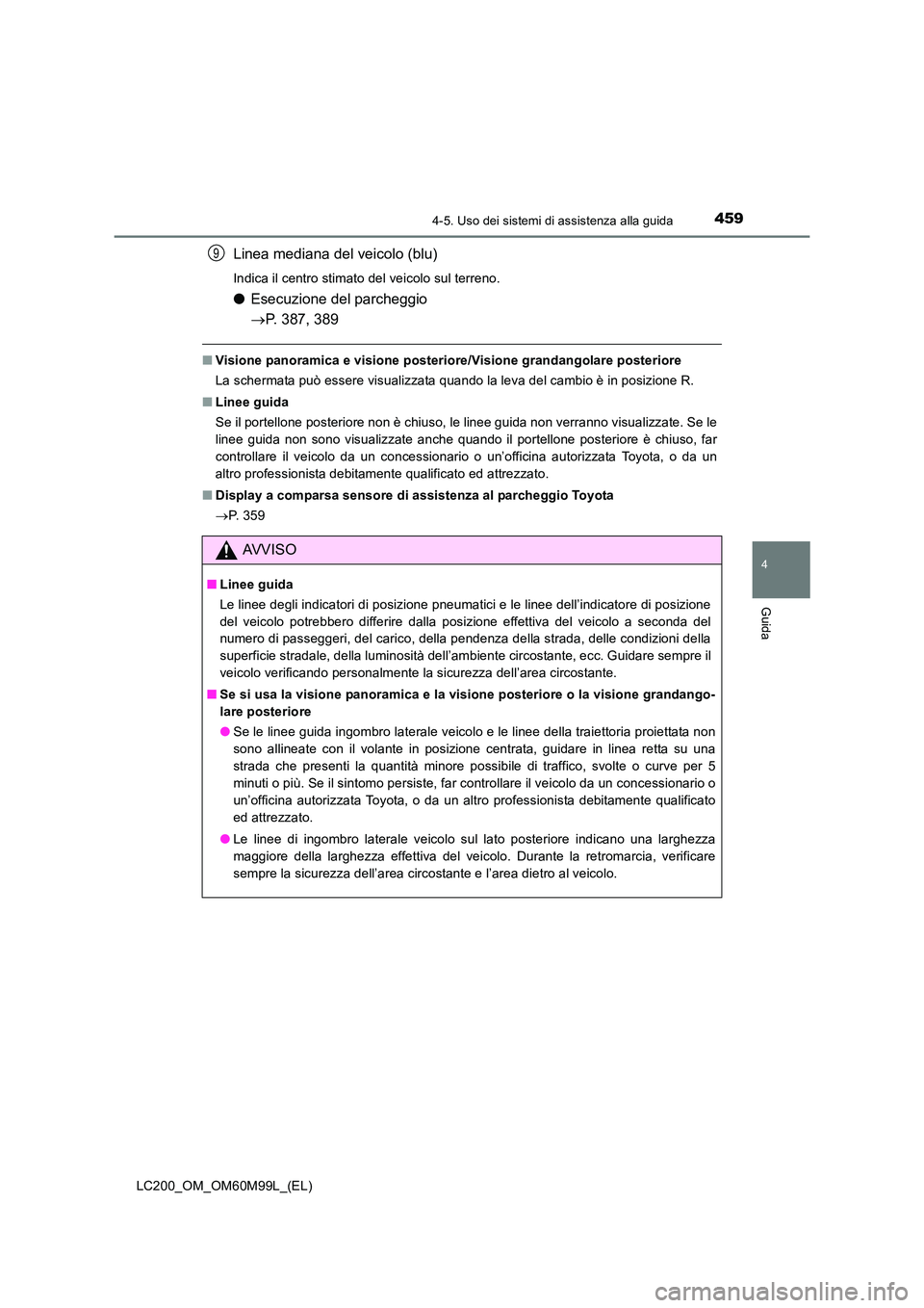 TOYOTA LAND CRUISER 2016 Manuale duso (in Italian) 4594-5. Uso dei sistemi di assistenza alla guida
4
Guida
LC200_OM_OM60M99L_(EL)
Linea mediana del veicolo (blu)
Indica il centro stimato del veicolo sul terreno.
●Esecuzione del parcheggio
→P. 38 TOYOTA LAND CRUISER 2016 Manuale duso (in Italian) 4594-5. Uso dei sistemi di assistenza alla guida
4
Guida
LC200_OM_OM60M99L_(EL)
Linea mediana del veicolo (blu)
Indica il centro stimato del veicolo sul terreno.
●Esecuzione del parcheggio
→P. 38