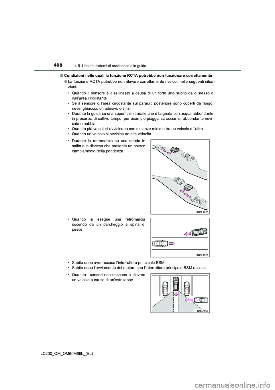 TOYOTA LAND CRUISER 2016 Manuale duso (in Italian) 4984-5. Uso dei sistemi di assistenza alla guida
LC200_OM_OM60M99L_(EL)■
Condizioni nelle quali la funzione RCTA potrebbe non funzionare correttamente
●La funzione RCTA potrebbe non rilevare corre TOYOTA LAND CRUISER 2016 Manuale duso (in Italian) 4984-5. Uso dei sistemi di assistenza alla guida
LC200_OM_OM60M99L_(EL)■
Condizioni nelle quali la funzione RCTA potrebbe non funzionare correttamente
●La funzione RCTA potrebbe non rilevare corre