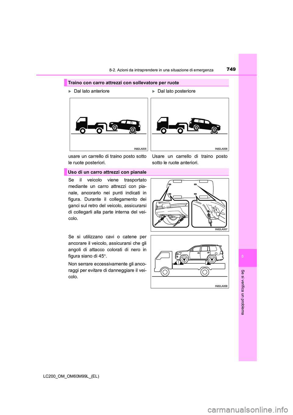 TOYOTA LAND CRUISER 2016  Manuale duso (in Italian) 7498-2. Azioni da intraprendere in una situazione di emergenza
LC200_OM_OM60M99L_(EL)
8
Se si verifica un problema
Se il veicolo viene trasportato
mediante un carro attrezzi con pia-
nale, ancorarlo n