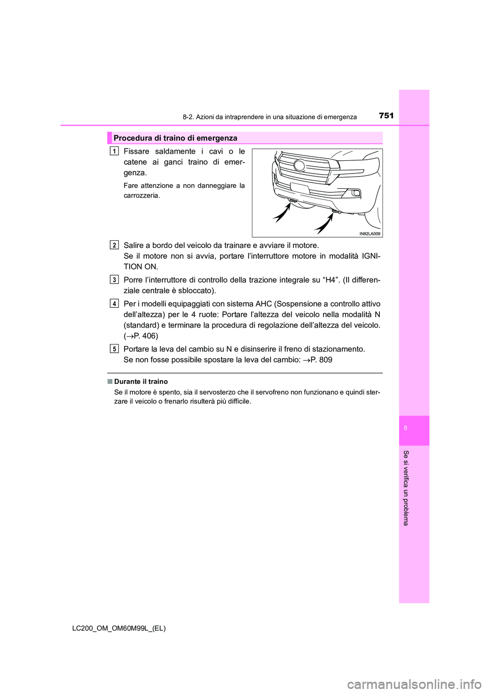 TOYOTA LAND CRUISER 2016 Manuale duso (in Italian) 7518-2. Azioni da intraprendere in una situazione di emergenza
LC200_OM_OM60M99L_(EL)
8
Se si verifica un problema
Fissare saldamente i cavi o le
catene ai ganci traino di emer-
genza.
Fare attenzione TOYOTA LAND CRUISER 2016 Manuale duso (in Italian) 7518-2. Azioni da intraprendere in una situazione di emergenza
LC200_OM_OM60M99L_(EL)
8
Se si verifica un problema
Fissare saldamente i cavi o le
catene ai ganci traino di emer-
genza.
Fare attenzione
