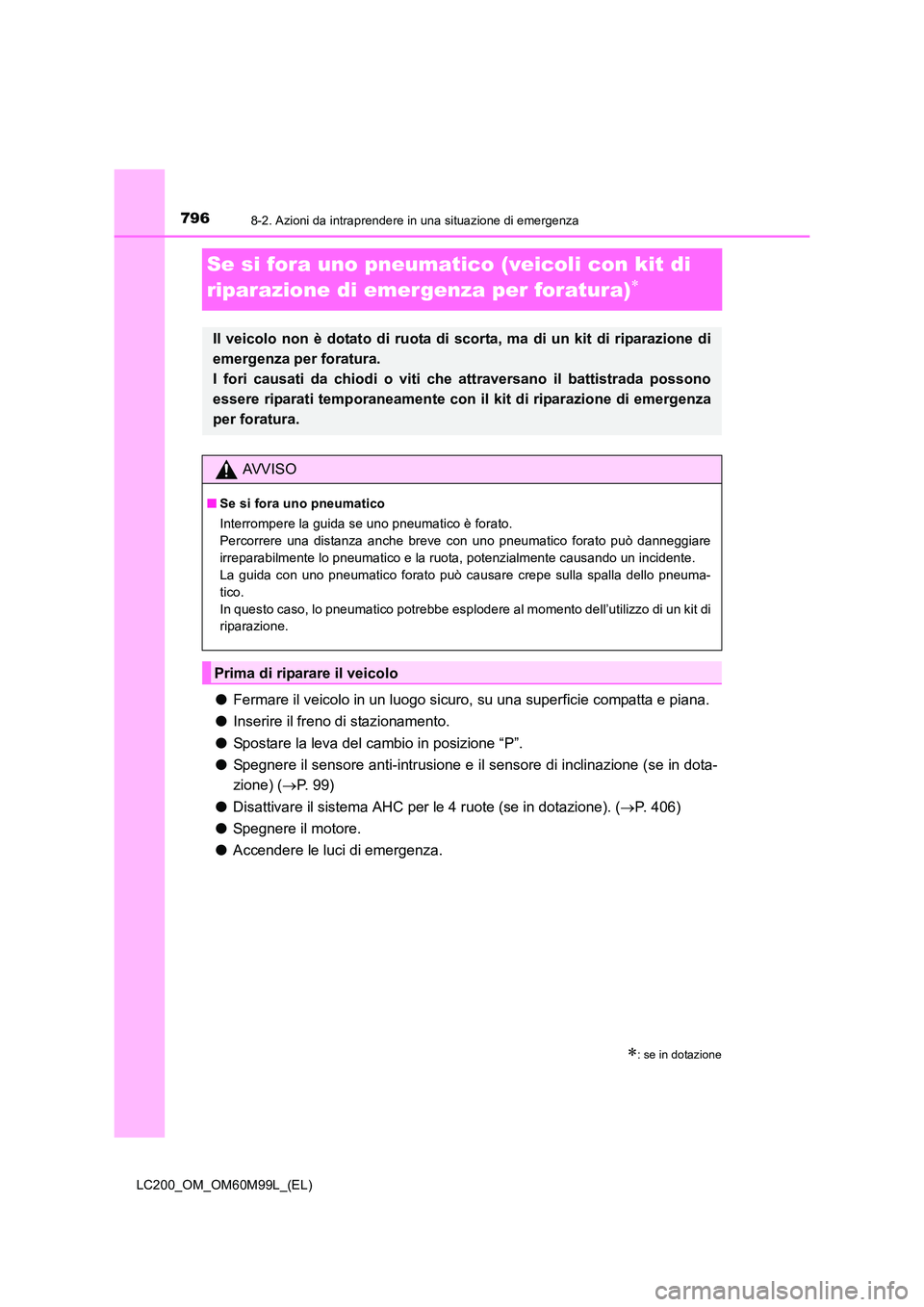 TOYOTA LAND CRUISER 2016 Manuale duso (in Italian) 7968-2. Azioni da intraprendere in una situazione di emergenza
LC200_OM_OM60M99L_(EL)
Se si fora uno pneumatico (veicoli con kit di
riparazione di emergenza per foratura)
∗
●Fermare il veicolo in TOYOTA LAND CRUISER 2016 Manuale duso (in Italian) 7968-2. Azioni da intraprendere in una situazione di emergenza
LC200_OM_OM60M99L_(EL)
Se si fora uno pneumatico (veicoli con kit di
riparazione di emergenza per foratura)
∗
●Fermare il veicolo in