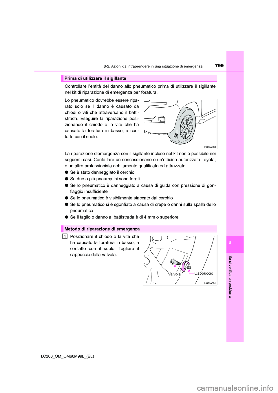 TOYOTA LAND CRUISER 2016 Manuale duso (in Italian) 7998-2. Azioni da intraprendere in una situazione di emergenza
LC200_OM_OM60M99L_(EL)
8
Se si verifica un problema
Controllare l’entità del danno allo pneumatico prima di utilizzare il sigillante
n TOYOTA LAND CRUISER 2016 Manuale duso (in Italian) 7998-2. Azioni da intraprendere in una situazione di emergenza
LC200_OM_OM60M99L_(EL)
8
Se si verifica un problema
Controllare l’entità del danno allo pneumatico prima di utilizzare il sigillante
n