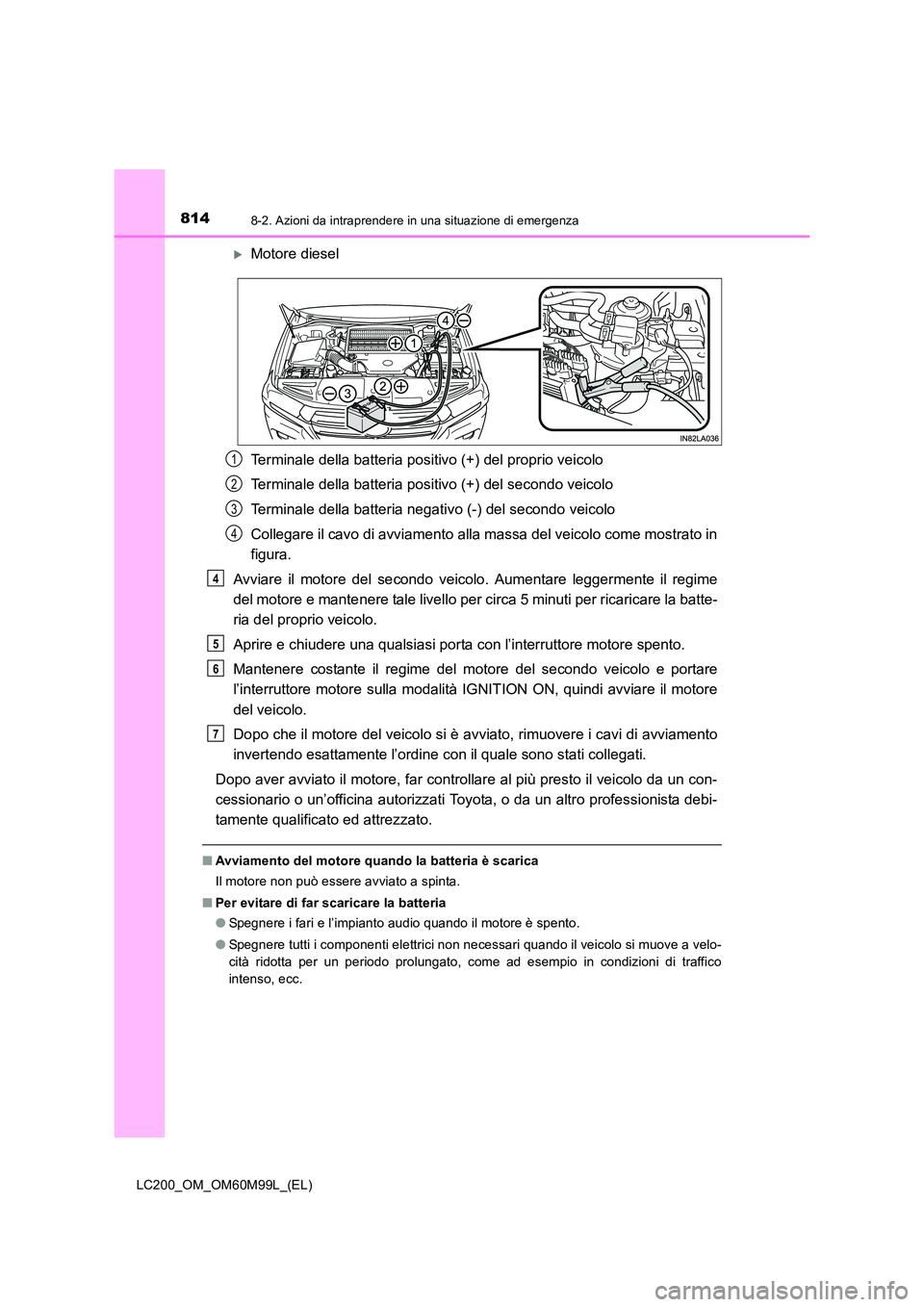 TOYOTA LAND CRUISER 2016  Manuale duso (in Italian) 8148-2. Azioni da intraprendere in una situazione di emergenza
LC200_OM_OM60M99L_(EL)
�XMotore diesel
Terminale della batteria positivo (+) del proprio veicolo
Terminale della batteria positivo (+) de