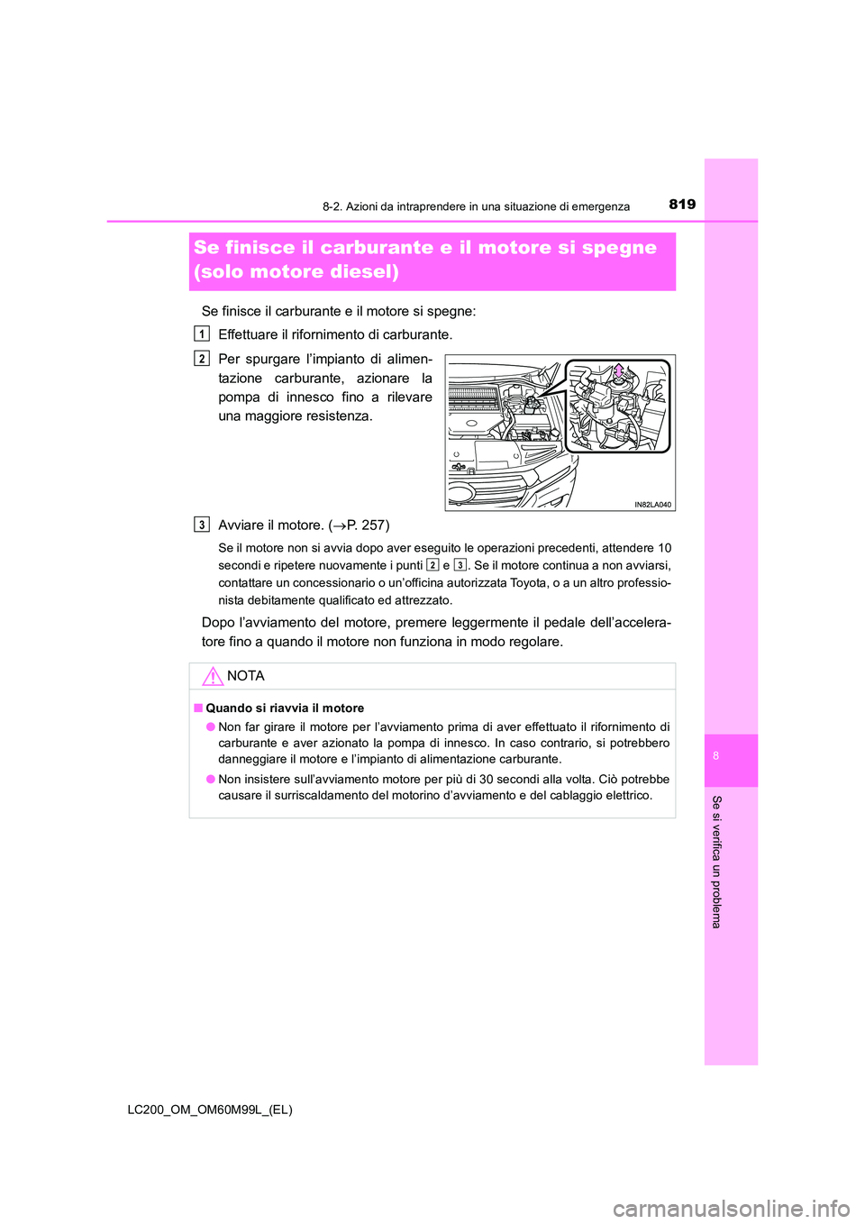 TOYOTA LAND CRUISER 2016 Manuale duso (in Italian) 8198-2. Azioni da intraprendere in una situazione di emergenza
LC200_OM_OM60M99L_(EL)
8
Se si verifica un problema
Se finisce il carburante e il motore si spegne
(solo motore diesel)
Se finisce il ca TOYOTA LAND CRUISER 2016 Manuale duso (in Italian) 8198-2. Azioni da intraprendere in una situazione di emergenza
LC200_OM_OM60M99L_(EL)
8
Se si verifica un problema
Se finisce il carburante e il motore si spegne
(solo motore diesel)
Se finisce il ca
