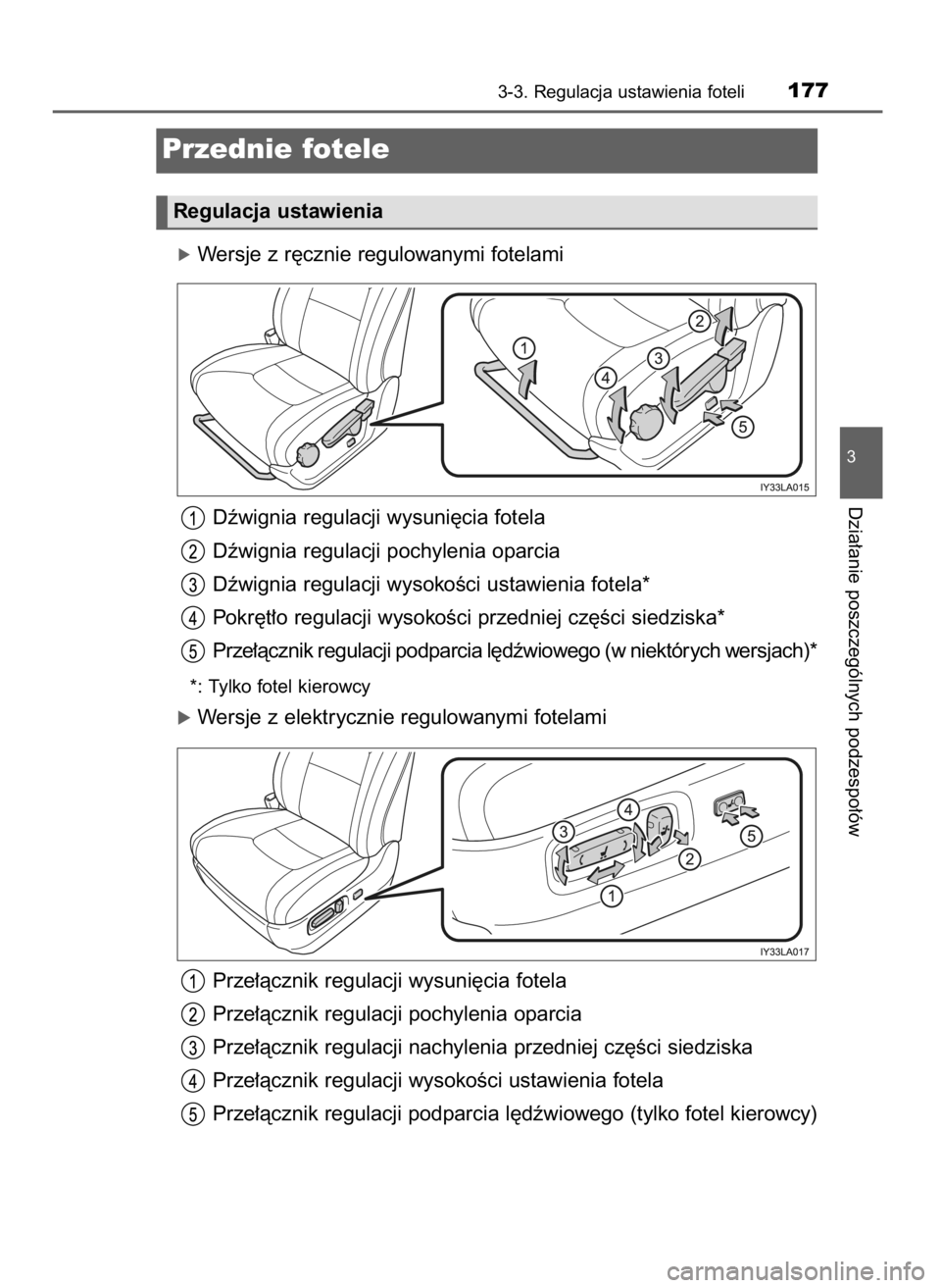 TOYOTA LAND CRUISER 2016  Instrukcja obsługi (in Polish) óWersje z r´cznie regulowanymi fotelami
Dêwignia regulacji wysuni´cia fotela
Dêwignia regulacji pochylenia oparcia
Dêwignia regulacji wysokoÊci ustawienia fotela*
Pokr´t∏o regulacji wysokoÊ