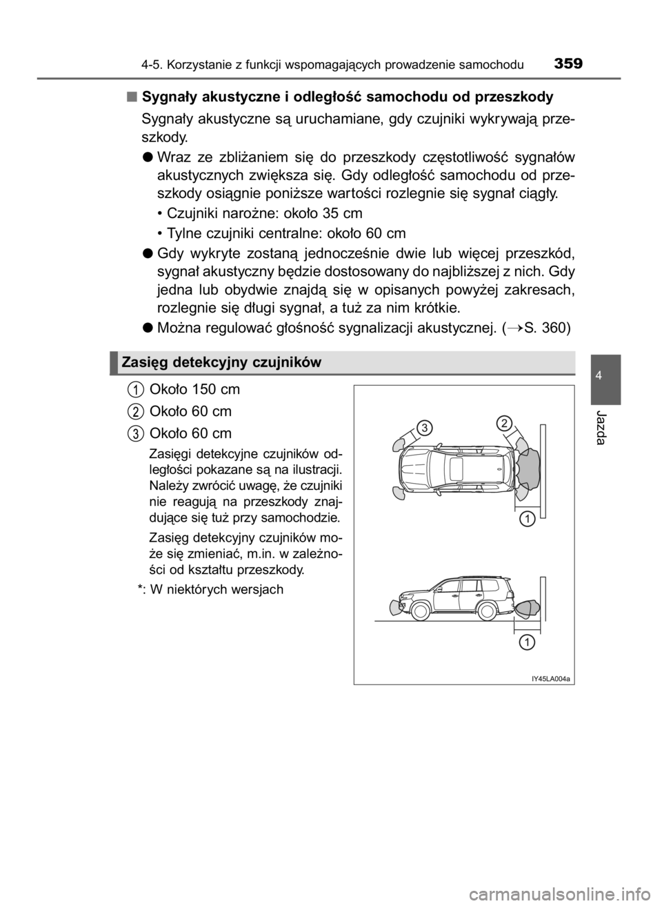 TOYOTA LAND CRUISER 2016 Instrukcja obsługi (in Polish) Sygna∏y akustyczne i odleg∏oÊç samochodu od przeszkody
Sygna∏y akustyczne sà uruchamiane, gdy czujniki wykrywajà prze-
szkody.
Wraz ze zbli˝aniem si´ do przeszkody cz´stotliwoÊç TOYOTA LAND CRUISER 2016 Instrukcja obsługi (in Polish) Sygna∏y akustyczne i odleg∏oÊç samochodu od przeszkody
Sygna∏y akustyczne sà uruchamiane, gdy czujniki wykrywajà prze-
szkody.
Wraz ze zbli˝aniem si´ do przeszkody cz´stotliwoÊç