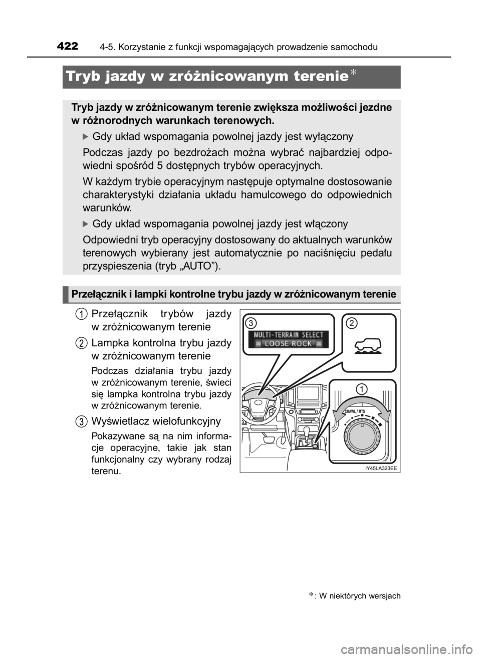 TOYOTA LAND CRUISER 2016 Instrukcja obsługi (in Polish) Prze∏àcznik trybów jazdy
w zró˝nicowanym terenie
Lampka kontrolna trybu jazdy
w zró˝nicowanym terenie
Podczas dzia∏ania trybu jazdy
w zró˝nicowanym terenie, Êwieci
si´ lampka TOYOTA LAND CRUISER 2016 Instrukcja obsługi (in Polish) Prze∏àcznik trybów jazdy
w zró˝nicowanym terenie
Lampka kontrolna trybu jazdy
w zró˝nicowanym terenie
Podczas dzia∏ania trybu jazdy
w zró˝nicowanym terenie, Êwieci
si´ lampka