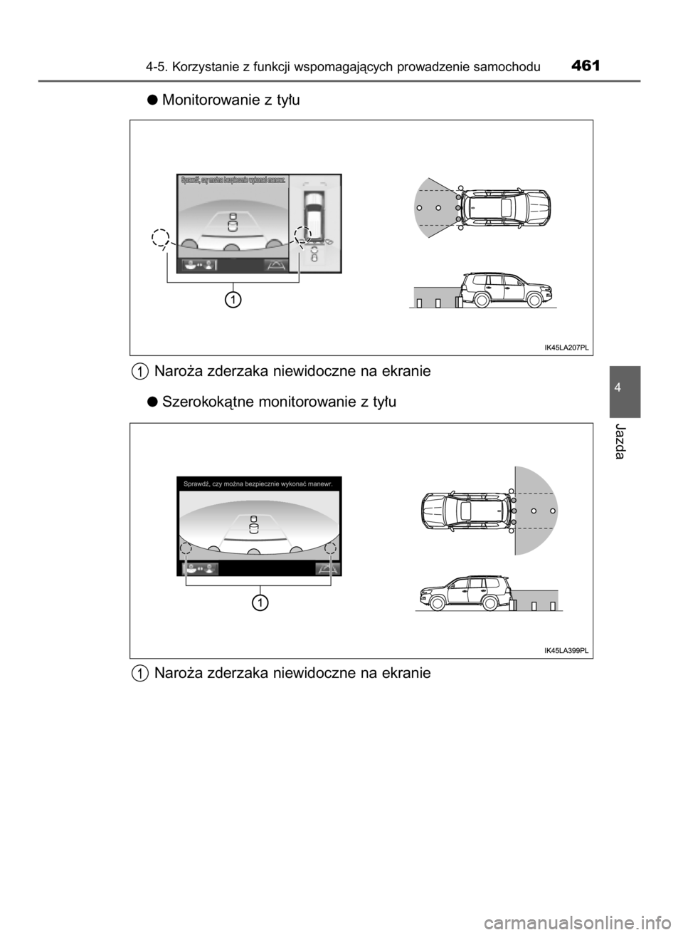 TOYOTA LAND CRUISER 2016  Instrukcja obsługi (in Polish) Monitorowanie z ty∏u
Naro˝a zderzaka niewidoczne na ekranie
Szerokokàtne monitorowanie z ty∏u
Naro˝a zderzaka niewidoczne na ekranie
4-5. Korzystanie z funkcji wspomagajàcych prowadzenie samoc