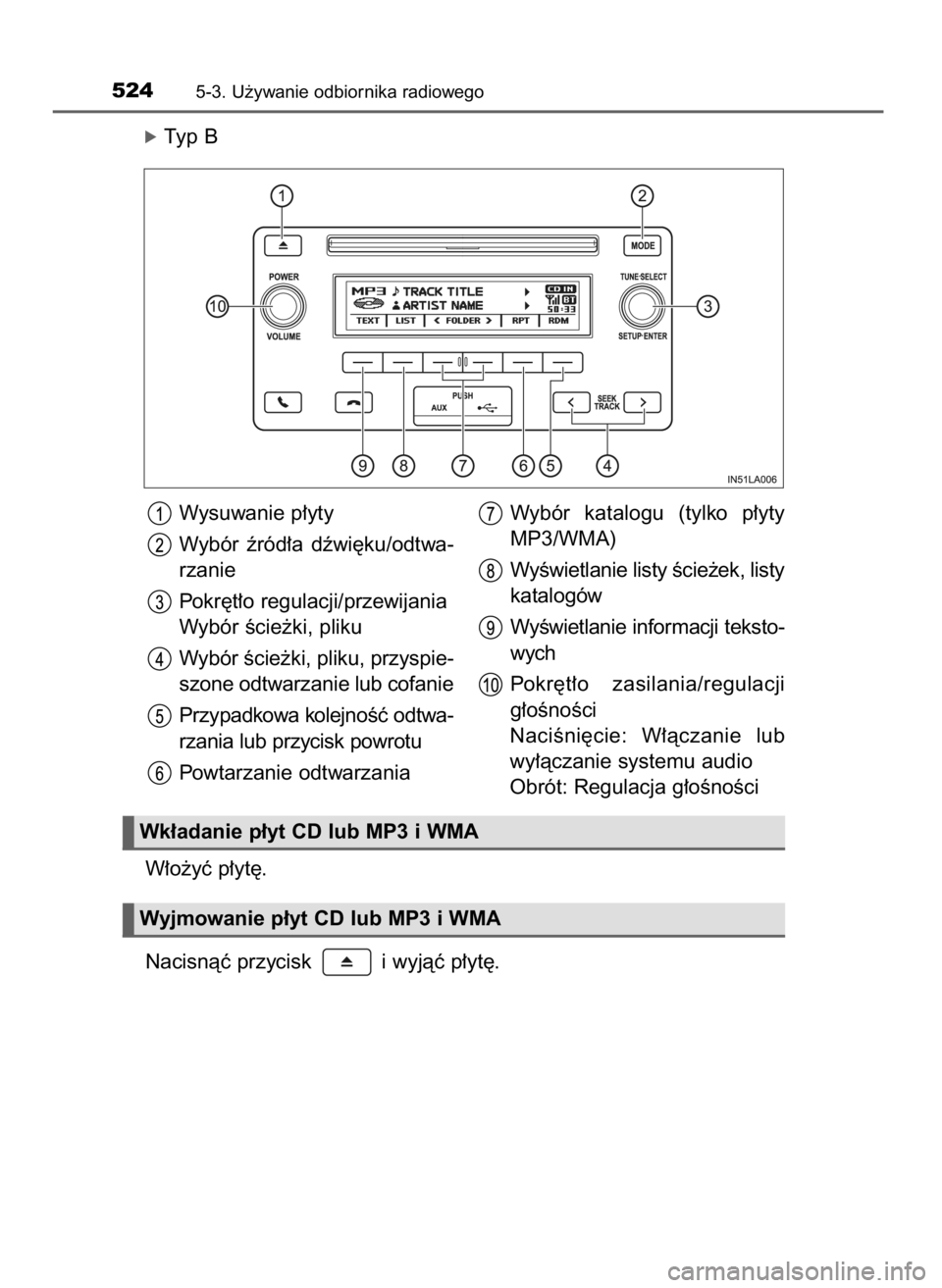 TOYOTA LAND CRUISER 2016  Instrukcja obsługi (in Polish) óTyp B
W∏o˝yç p∏yt´.
Nacisnàç przycisk  i wyjàç p∏yt´.
5245-3. U˝ywanie odbiornika radiowego
Wysuwanie p∏yty
Wybór  êród∏a  dêwi´ku/odtwa-
rzanie
Pokr´t∏o regulacji/przewij