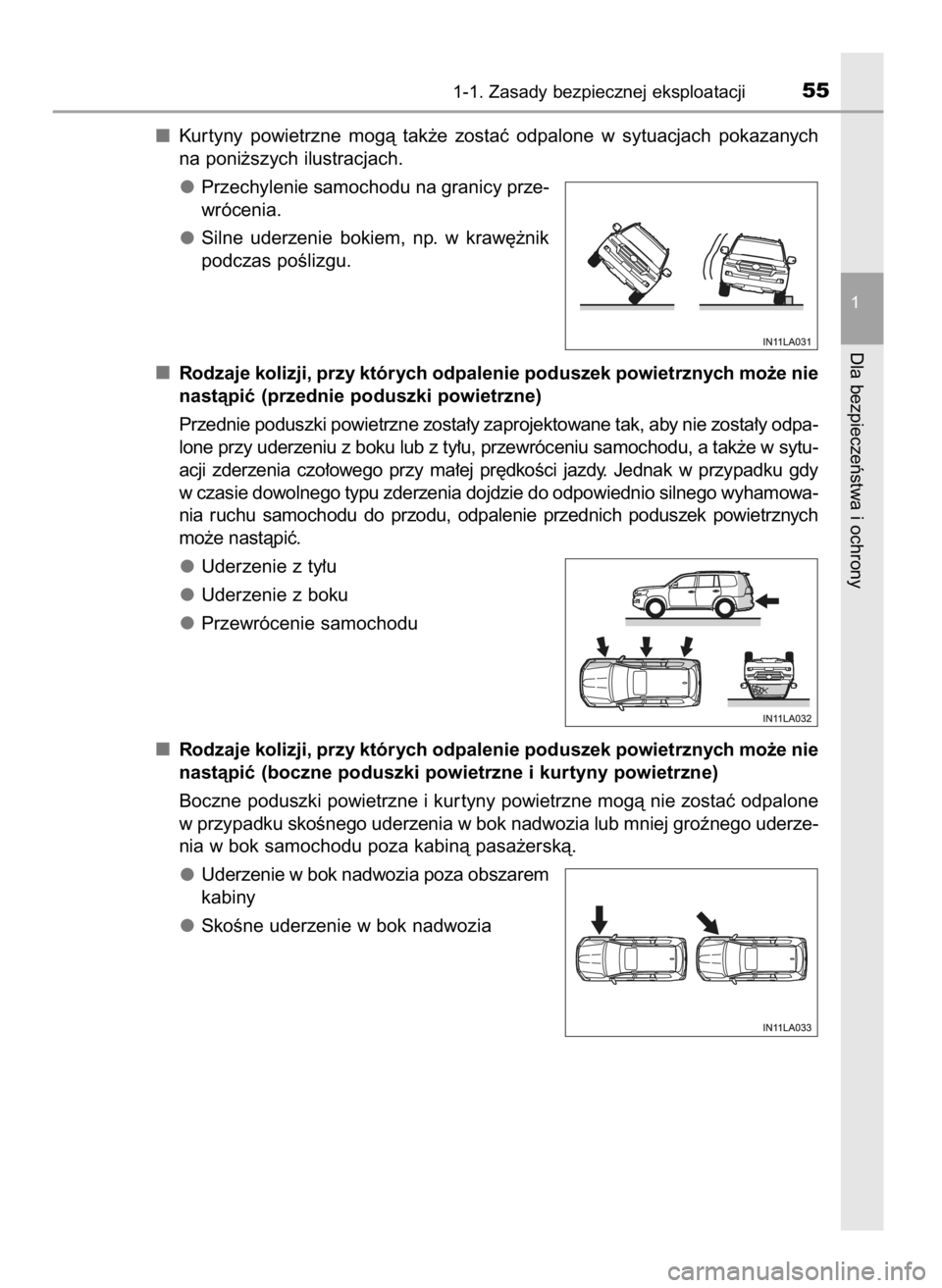 TOYOTA LAND CRUISER 2016 Instrukcja obsługi (in Polish) Kur tyny powietrzne mogà tak˝e zostaç odpalone w sytuacjach pokazanych
na poni˝szych ilustracjach.
Przechylenie samochodu na granicy prze-
wrócenia.
Silne uderzenie bokiem, np. w kraw TOYOTA LAND CRUISER 2016 Instrukcja obsługi (in Polish) Kur tyny powietrzne mogà tak˝e zostaç odpalone w sytuacjach pokazanych
na poni˝szych ilustracjach.
Przechylenie samochodu na granicy prze-
wrócenia.
Silne uderzenie bokiem, np. w kraw