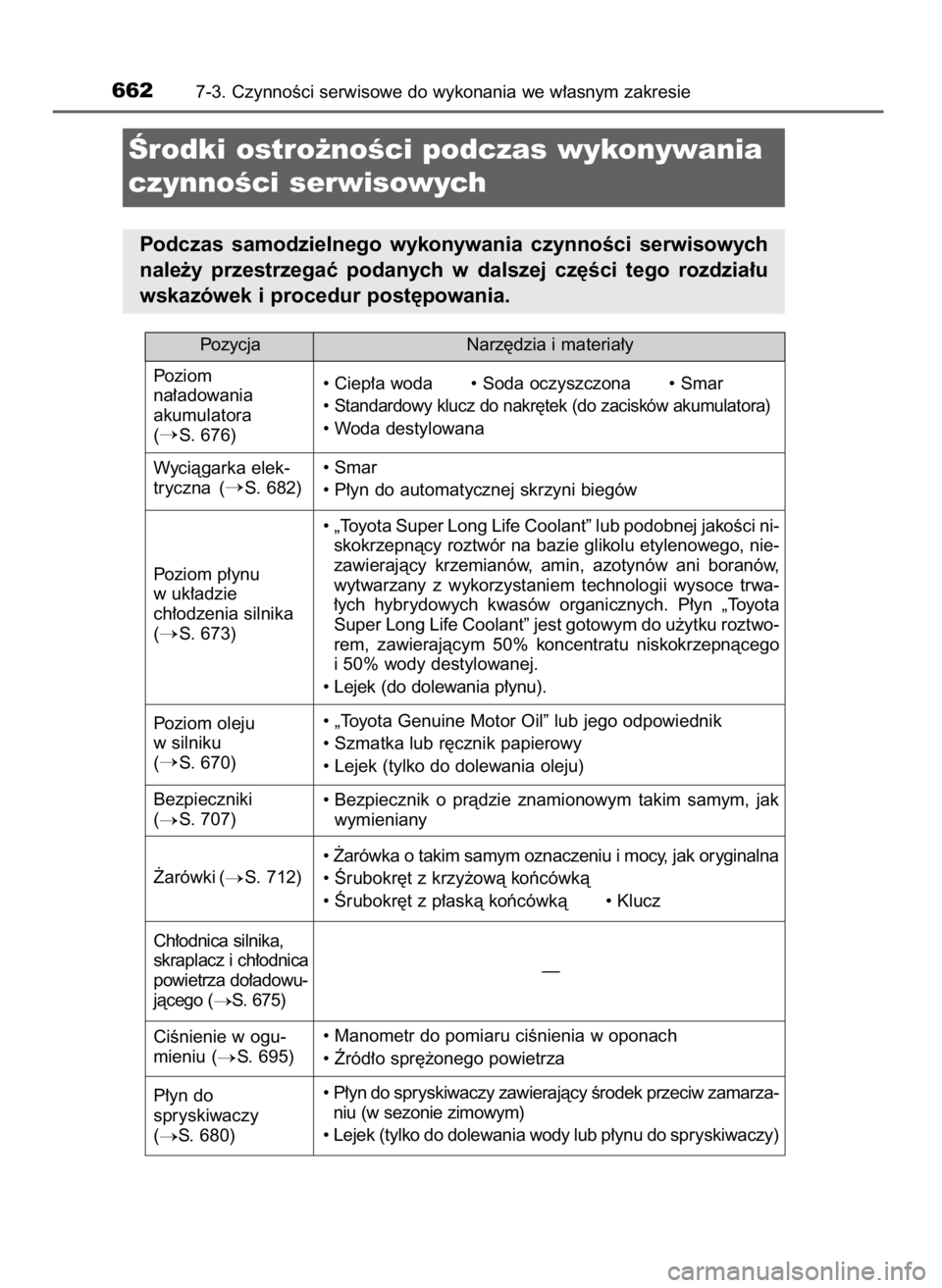 TOYOTA LAND CRUISER 2016 Instrukcja obsługi (in Polish) 6627-3. CzynnoÊci serwisowe do wykonania we w∏asnym zakresie
Ârodki ostro˝noÊci podczas wykonywania
czynnoÊci serwisowych
Podczas samodzielnego wykonywania czynnoÊci serwisowych
nale˝y p TOYOTA LAND CRUISER 2016 Instrukcja obsługi (in Polish) 6627-3. CzynnoÊci serwisowe do wykonania we w∏asnym zakresie
Ârodki ostro˝noÊci podczas wykonywania
czynnoÊci serwisowych
Podczas samodzielnego wykonywania czynnoÊci serwisowych
nale˝y p