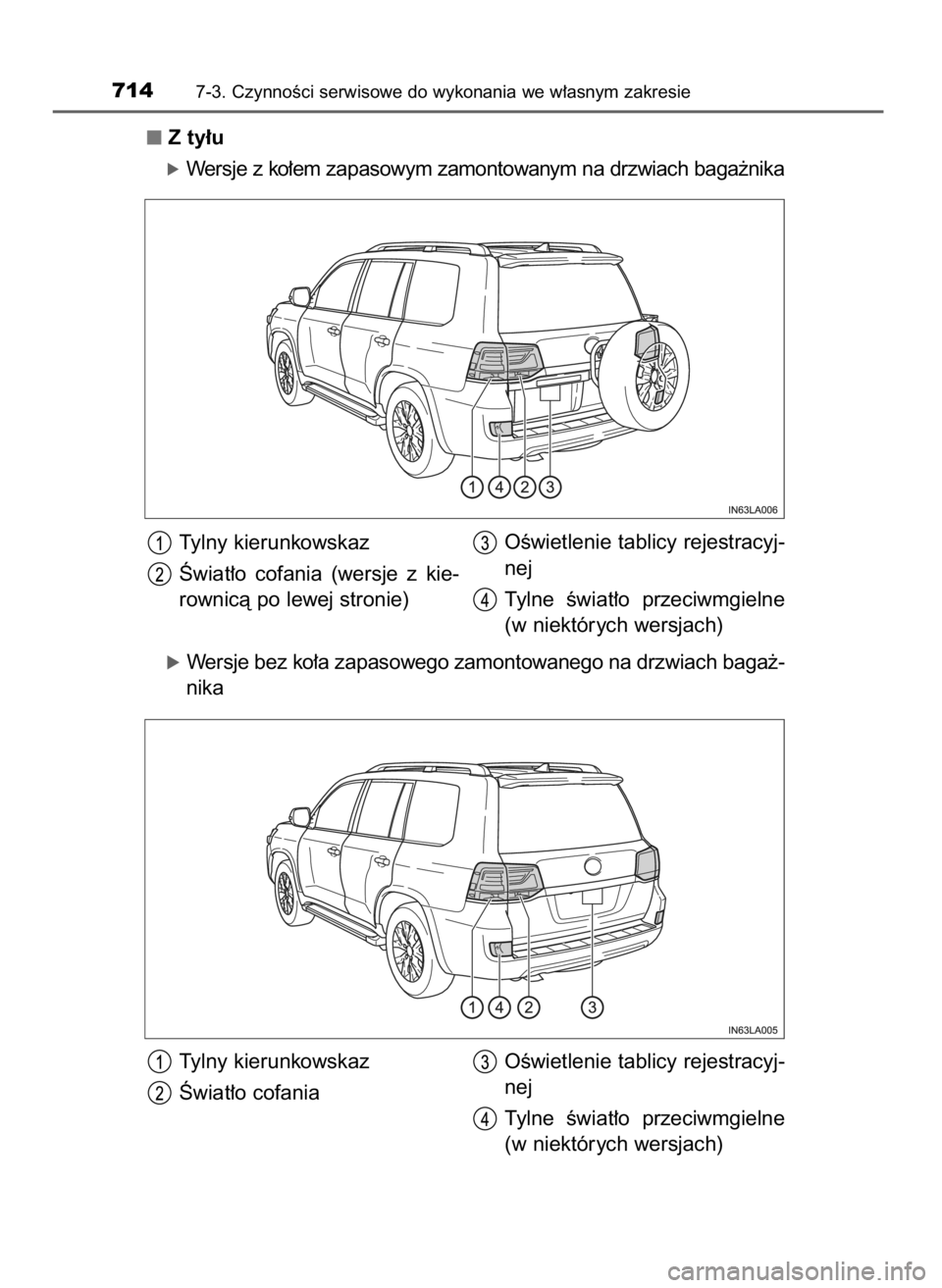 TOYOTA LAND CRUISER 2016  Instrukcja obsługi (in Polish) Z ty∏u
óWersje z ko∏em zapasowym zamontowanym na drzwiach baga˝nika
Tylny kierunkowskaz
Âwiat∏o  cofania  (wersje  z kie-
rownicà po lewej stronie)
óWersje bez ko∏a zapasowego zamontowane