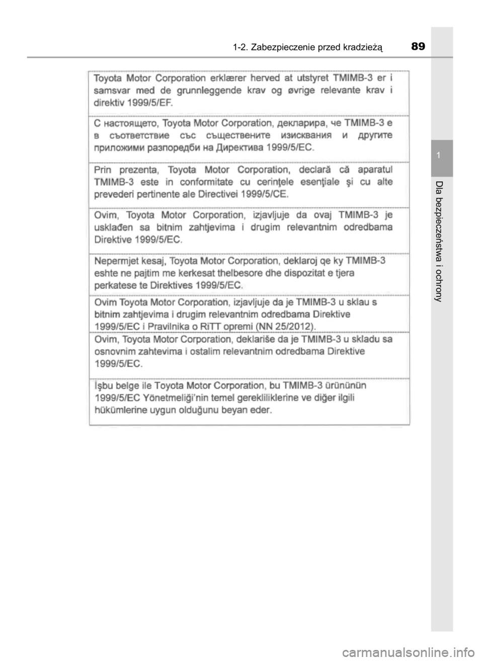 TOYOTA LAND CRUISER 2016  Instrukcja obsługi (in Polish) 1-2. Zabezpieczenie przed kradzie˝à89
1
Dla bezpieczeƒstwa i ochrony
48 LC200 V8 OM60M95E  27/9/16  14:14  Page 89    (Black plate) 