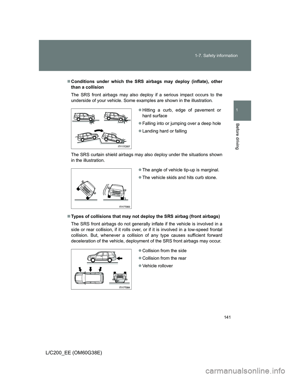 TOYOTA LAND CRUISER 2012 Owners Manual 141 1-7. Safety information
1
Before driving
L/C200_EE (OM60G38E)
Conditions under which the SRS airbags may deploy (inflate), other
than a collision
The SRS front airbags may also deploy if a seri TOYOTA LAND CRUISER 2012 Owners Manual 141 1-7. Safety information
1
Before driving
L/C200_EE (OM60G38E)
Conditions under which the SRS airbags may deploy (inflate), other
than a collision
The SRS front airbags may also deploy if a seri