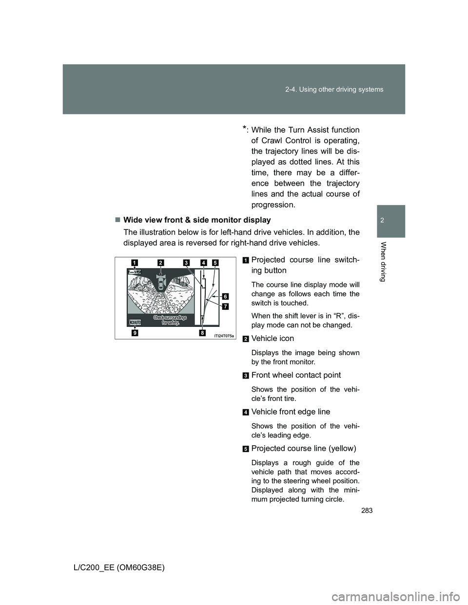TOYOTA LAND CRUISER 2012  Owners Manual 283 2-4. Using other driving systems
2
When driving
L/C200_EE (OM60G38E)
*: While the Turn Assist function
of Crawl Control is operating,
the trajectory lines will be dis-
played as dotted lines. At t