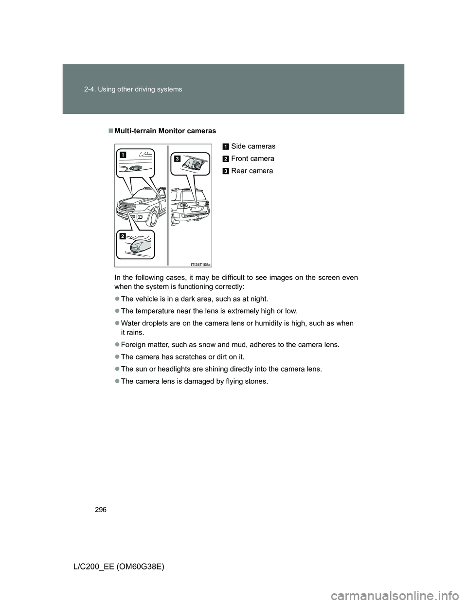 TOYOTA LAND CRUISER 2012  Owners Manual 296 2-4. Using other driving systems
L/C200_EE (OM60G38E)
Multi-terrain Monitor cameras
In the following cases, it may be difficult to see images on the screen even
when the system is functioning c