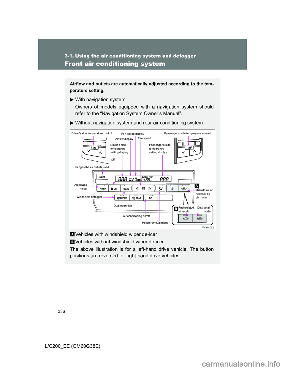 TOYOTA LAND CRUISER 2012  Owners Manual 336
L/C200_EE (OM60G38E)
3-1. Using the air conditioning system and defogger
Front air conditioning system
Airflow and outlets are automatically adjusted according to the tem-
perature setting.
With n