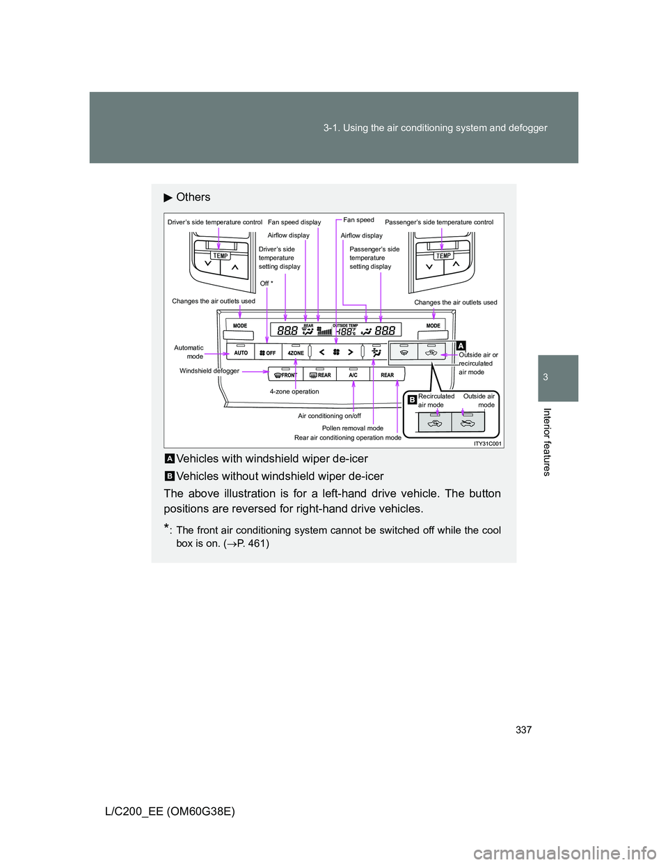TOYOTA LAND CRUISER 2012  Owners Manual 337 3-1. Using the air conditioning system and defogger
3
Interior features
L/C200_EE (OM60G38E)
Others
Vehicles with windshield wiper de-icer
Vehicles without windshield wiper de-icer
The above illus