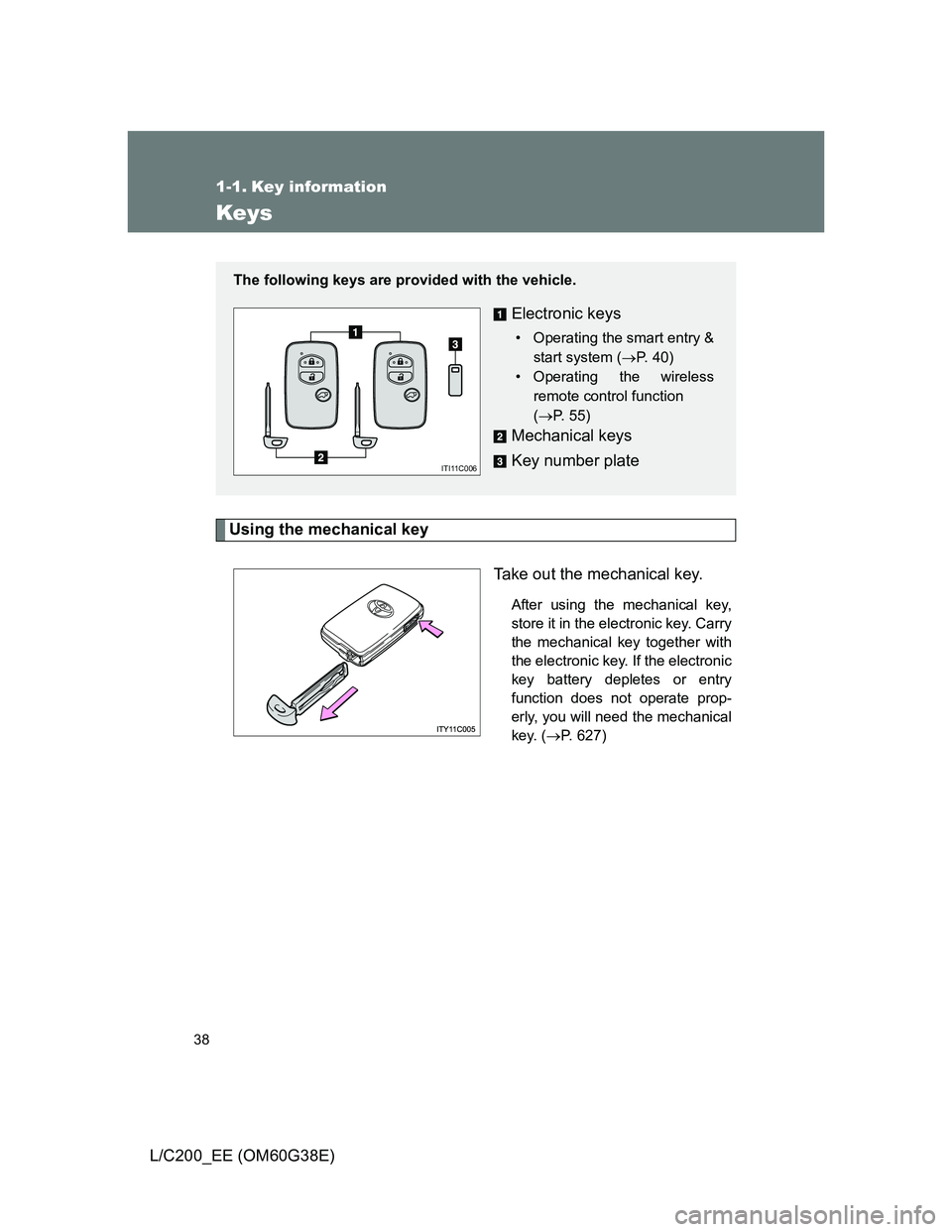 TOYOTA LAND CRUISER 2012  Owners Manual 38
L/C200_EE (OM60G38E)
1-1. Key information
Keys
Using the mechanical key
Take out the mechanical key.
After using the mechanical key,
store it in the electronic key. Carry
the mechanical key togethe