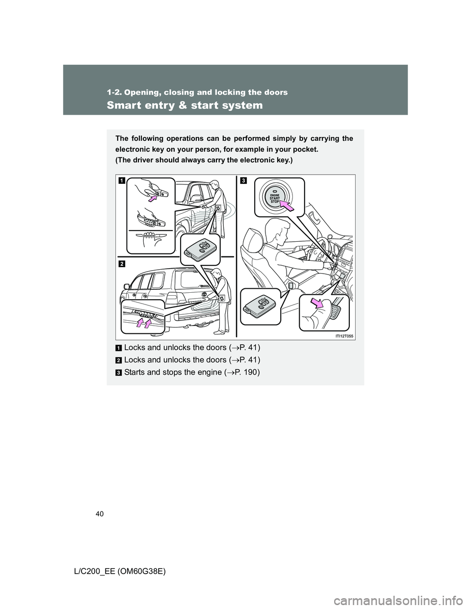TOYOTA LAND CRUISER 2012  Owners Manual 40
L/C200_EE (OM60G38E)
1-2. Opening, closing and locking the doors
Smart entr y & start system
The following operations can be performed simply by carrying the
electronic key on your person, for exam