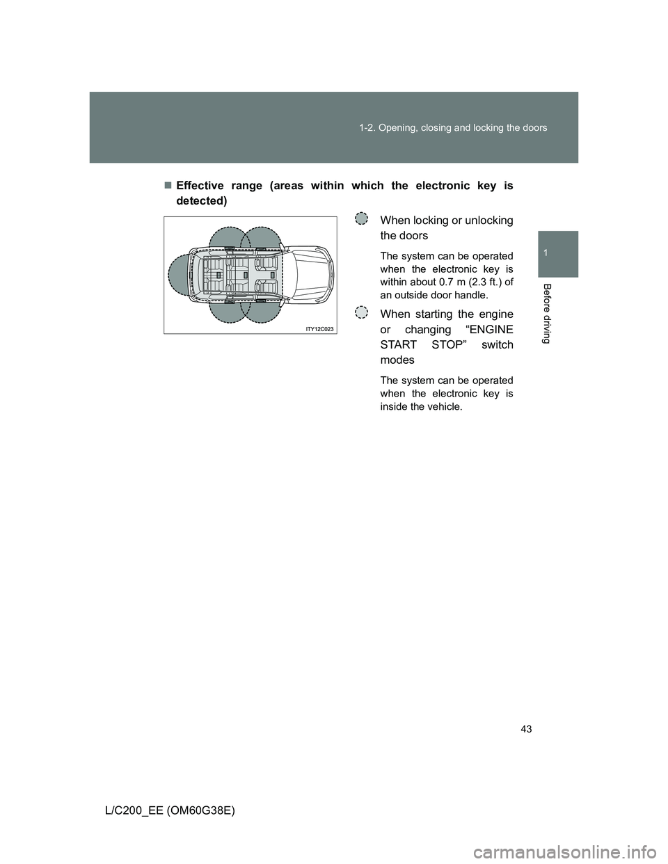 TOYOTA LAND CRUISER 2012  Owners Manual 43 1-2. Opening, closing and locking the doors
1
Before driving
L/C200_EE (OM60G38E)Effective range (areas within which the electronic key is
detected)
When locking or unlocking
the doors
The syste