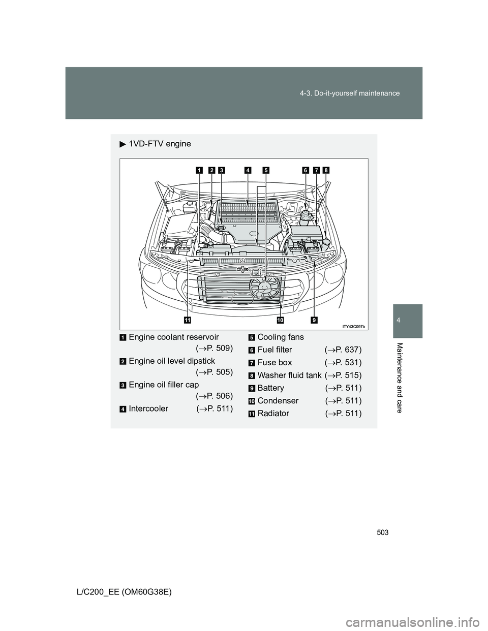 TOYOTA LAND CRUISER 2012  Owners Manual 503 4-3. Do-it-yourself maintenance
4
Maintenance and care
L/C200_EE (OM60G38E)
1VD-FTV engine
Engine coolant reservoir
(P. 509)
Engine oil level dipstick
(P. 505)
Engine oil filler cap
(P. 5