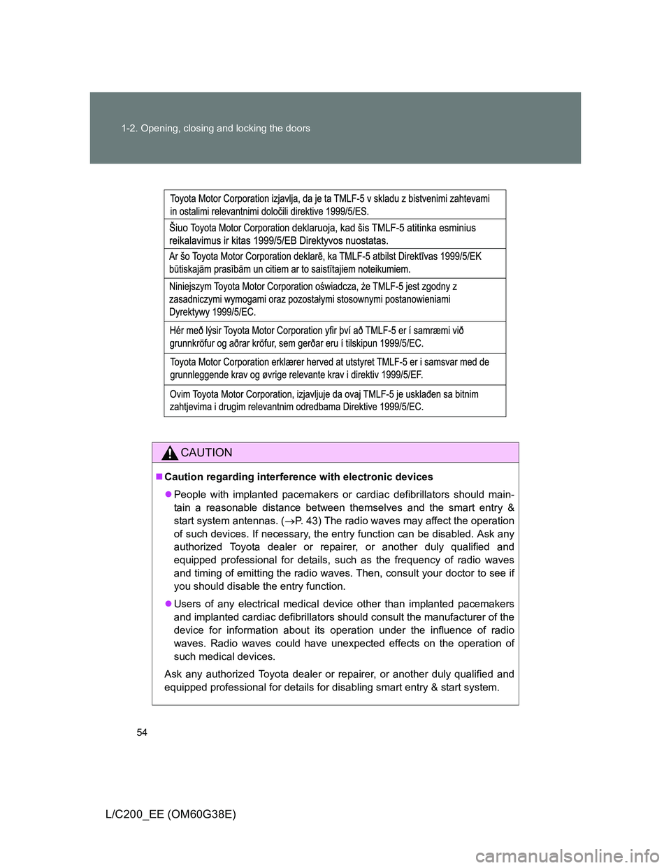 TOYOTA LAND CRUISER 2012  Owners Manual 54 1-2. Opening, closing and locking the doors
L/C200_EE (OM60G38E)
CAUTION
Caution regarding interference with electronic devices
People with implanted pacemakers or cardiac defibrillators shou