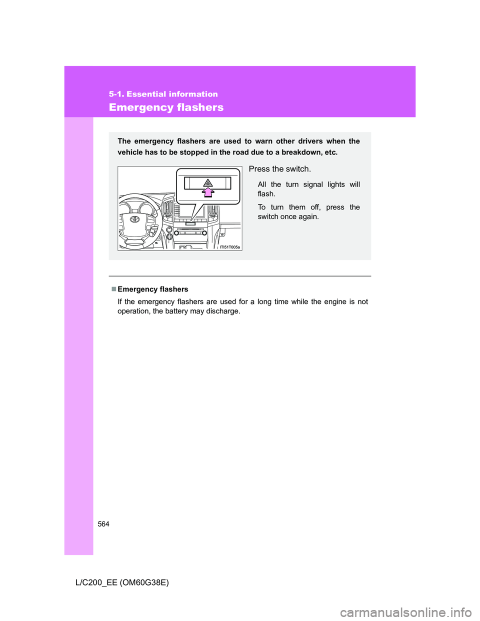 TOYOTA LAND CRUISER 2012  Owners Manual 564
L/C200_EE (OM60G38E)
5-1. Essential information
Emergency flashers
Emergency flashers
If the emergency flashers are used for a long time while the engine is not
operation, the battery may disch