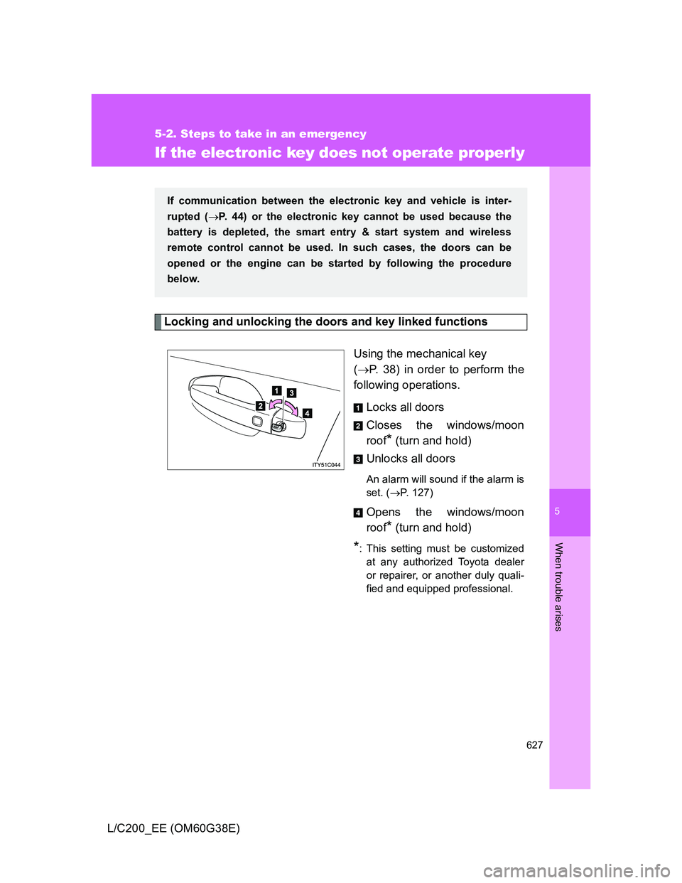 TOYOTA LAND CRUISER 2012  Owners Manual 5
627
5-2. Steps to take in an emergency
When trouble arises
L/C200_EE (OM60G38E)
If the electronic key does not operate properly
Locking and unlocking the doors and key linked functions
Using the mec