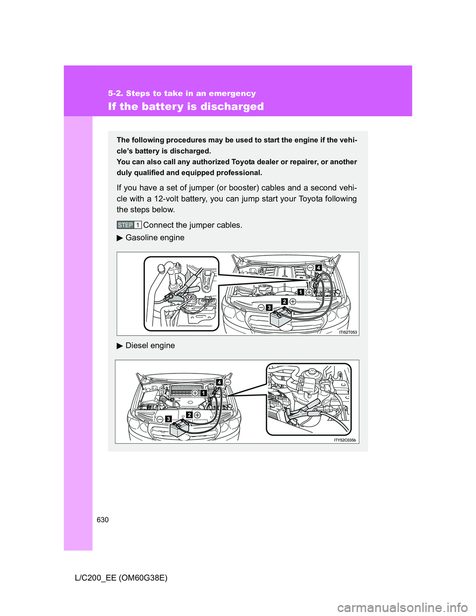 TOYOTA LAND CRUISER 2012  Owners Manual 630
5-2. Steps to take in an emergency
L/C200_EE (OM60G38E)
If the batter y is discharged
The following procedures may be used to start the engine if the vehi-
cle’s battery is discharged.
You can a