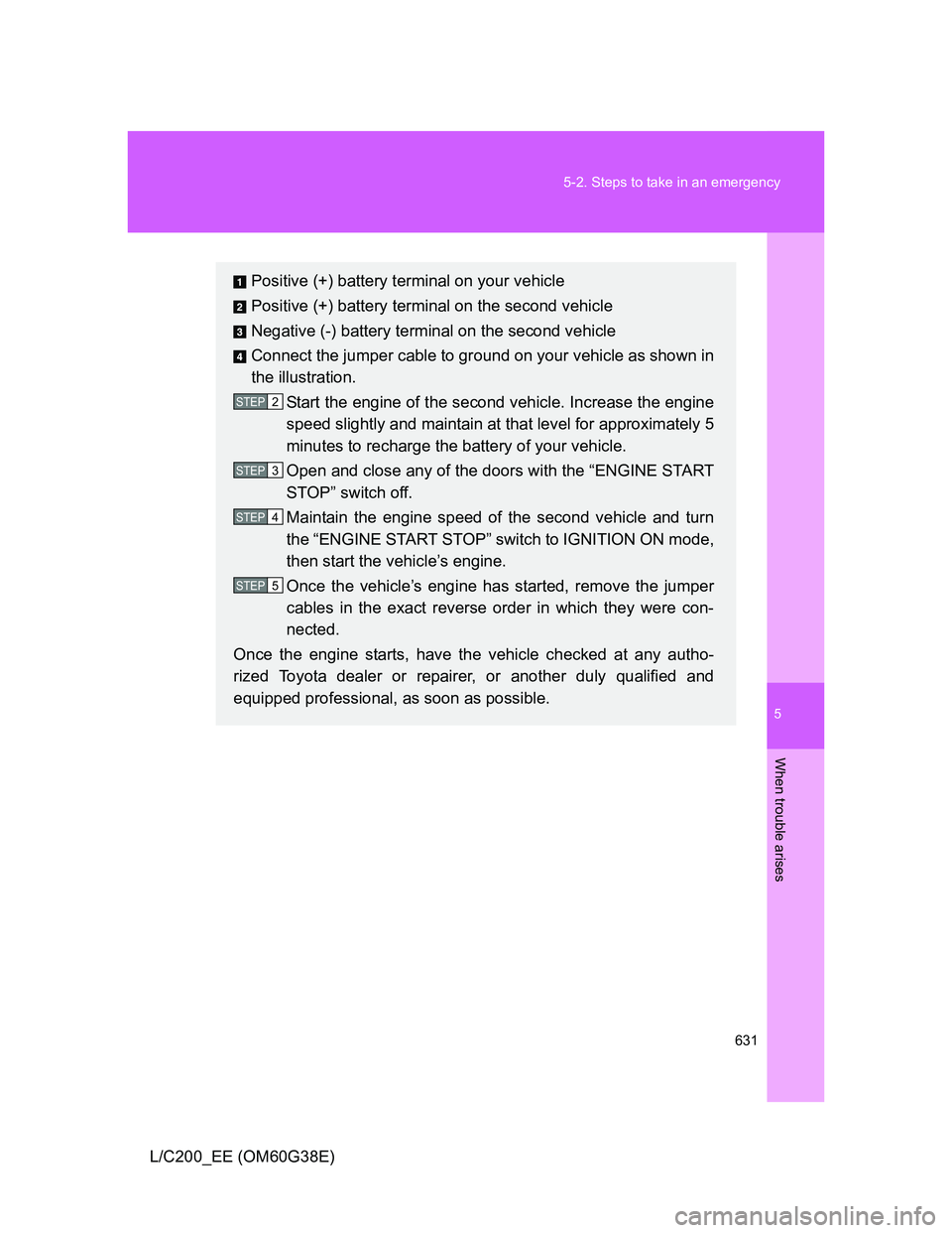 TOYOTA LAND CRUISER 2012 Owners Manual 5
631 5-2. Steps to take in an emergency
When trouble arises
L/C200_EE (OM60G38E)
Positive (+) battery terminal on your vehicle
Positive (+) battery terminal on the second vehicle
Negative (-) battery TOYOTA LAND CRUISER 2012 Owners Manual 5
631 5-2. Steps to take in an emergency
When trouble arises
L/C200_EE (OM60G38E)
Positive (+) battery terminal on your vehicle
Positive (+) battery terminal on the second vehicle
Negative (-) battery