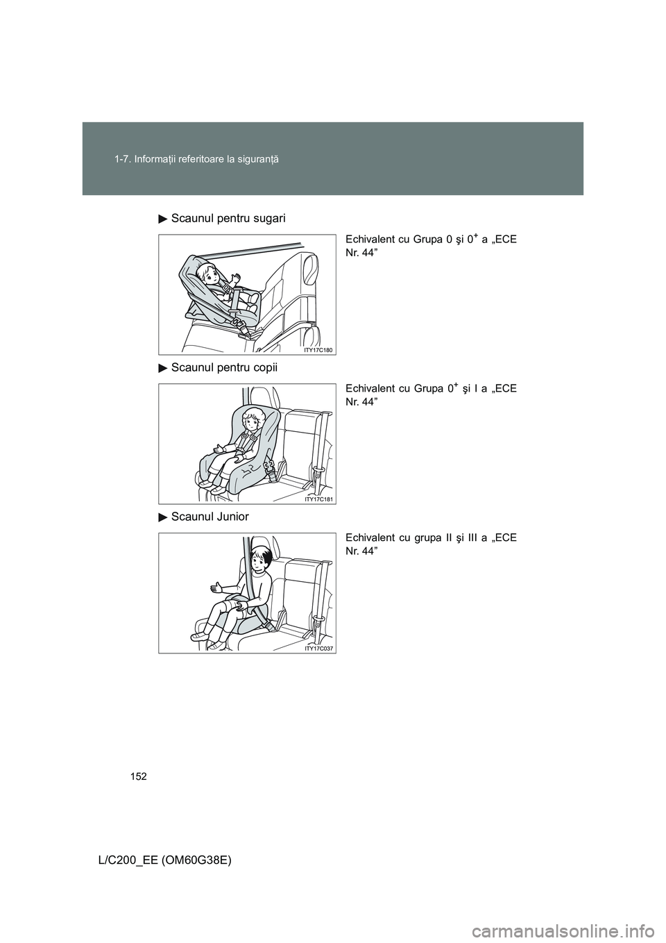 TOYOTA LAND CRUISER 2012  Manual de utilizare (in Romanian) 152 1-7. Informaţii referitoare la siguranţă
L/C200_EE (OM60G38E)Scaunul pentru sugari
Echivalent cu Grupa 0 şi 0+ a „ECE
Nr. 44”
Scaunul pentru copii
Echivalent cu Grupa 0+ şi I a „ECE
Nr.